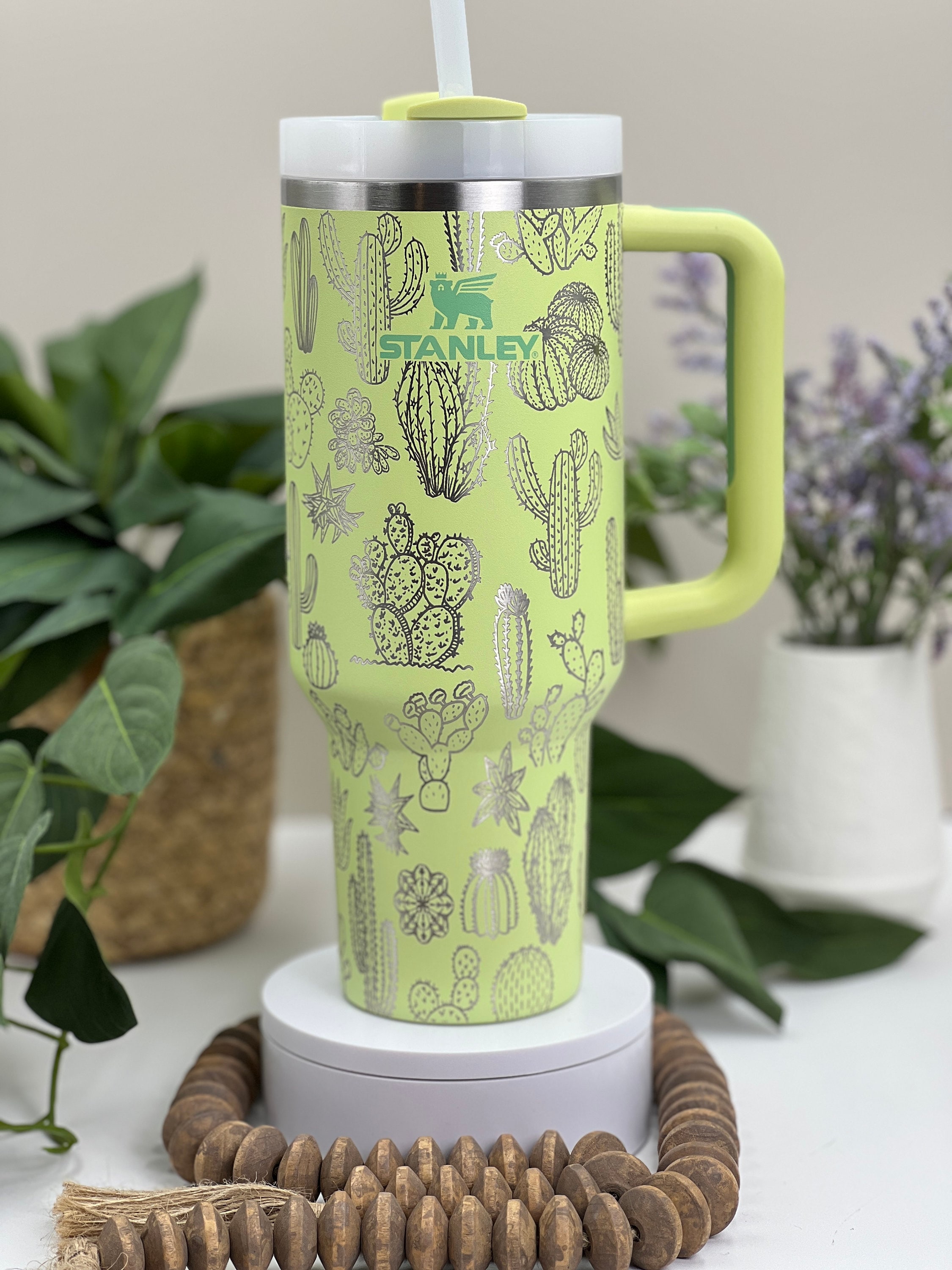 Cute Cactus Laser Engraved 40oz Tumbler with Handle Lid and Straw, Custom Engraved Seamless Tumbler, Double Wall Insulated Cup