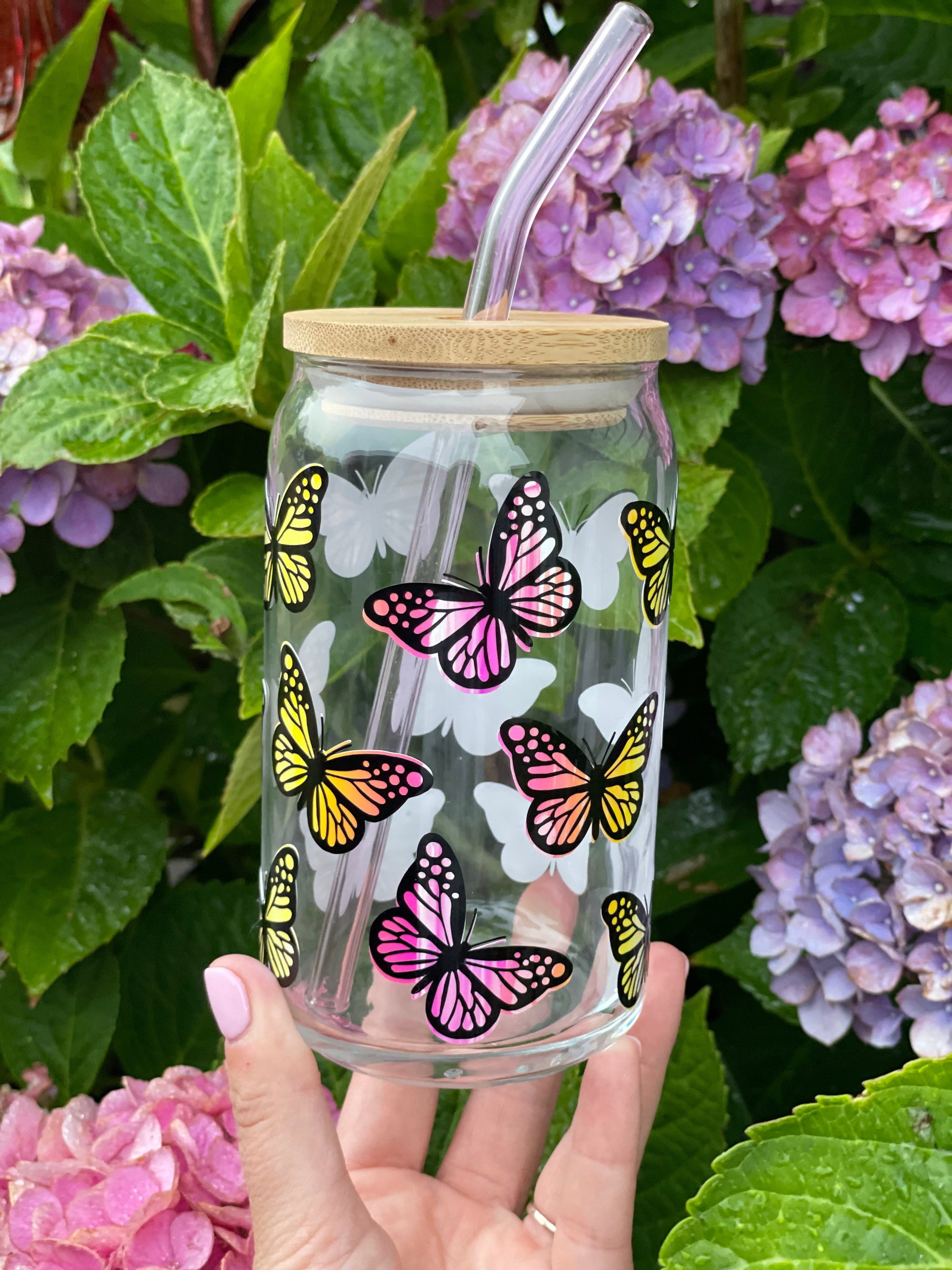 Butterfly Cup Beer Can Glass, Iced Coffee Glass Cup, Butterfly glass cups, Butterfly gifts,