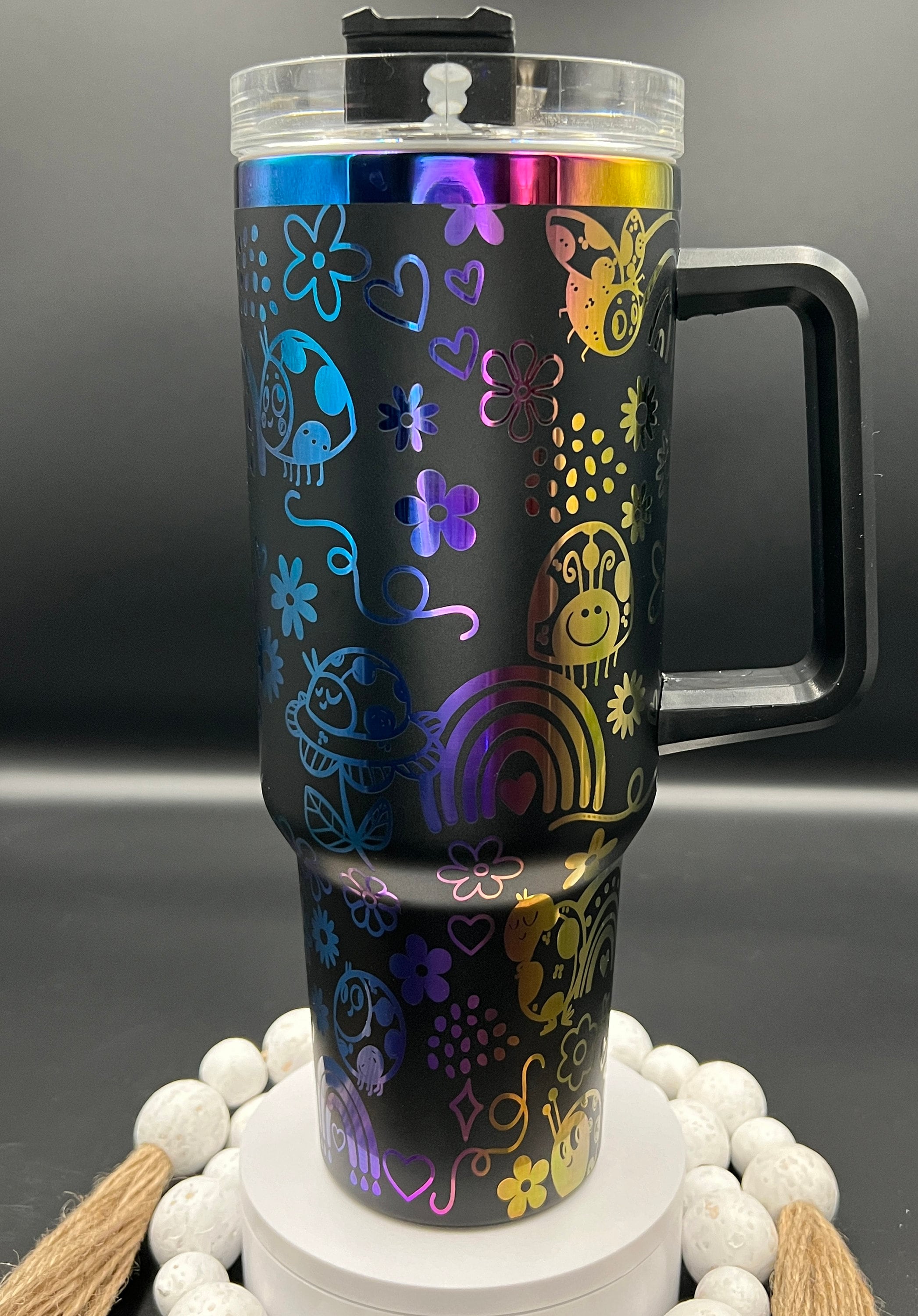 Ladybugs & Rainbows Laser Engraved 40oz Tumbler with Handle Lid and Straw, Custom Engraved Seamless Tumbler, Double Wall Insulated Cup