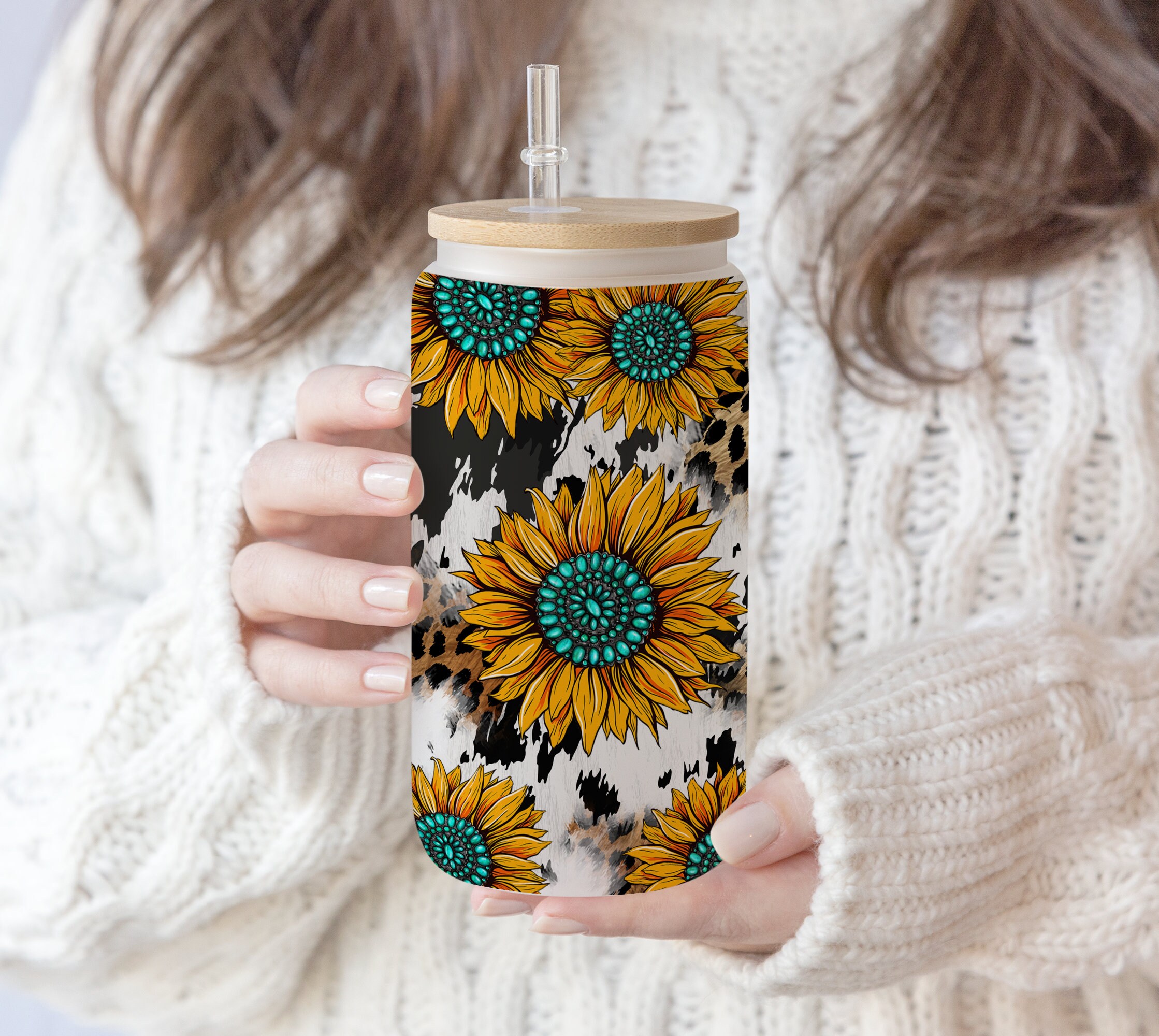 2 files 16 oz Libbey Glass Can Sunflower Leopard Cow Print Sublimation  png file Sunflower Gift for mom , Mother’s Day, PNG Digital Download