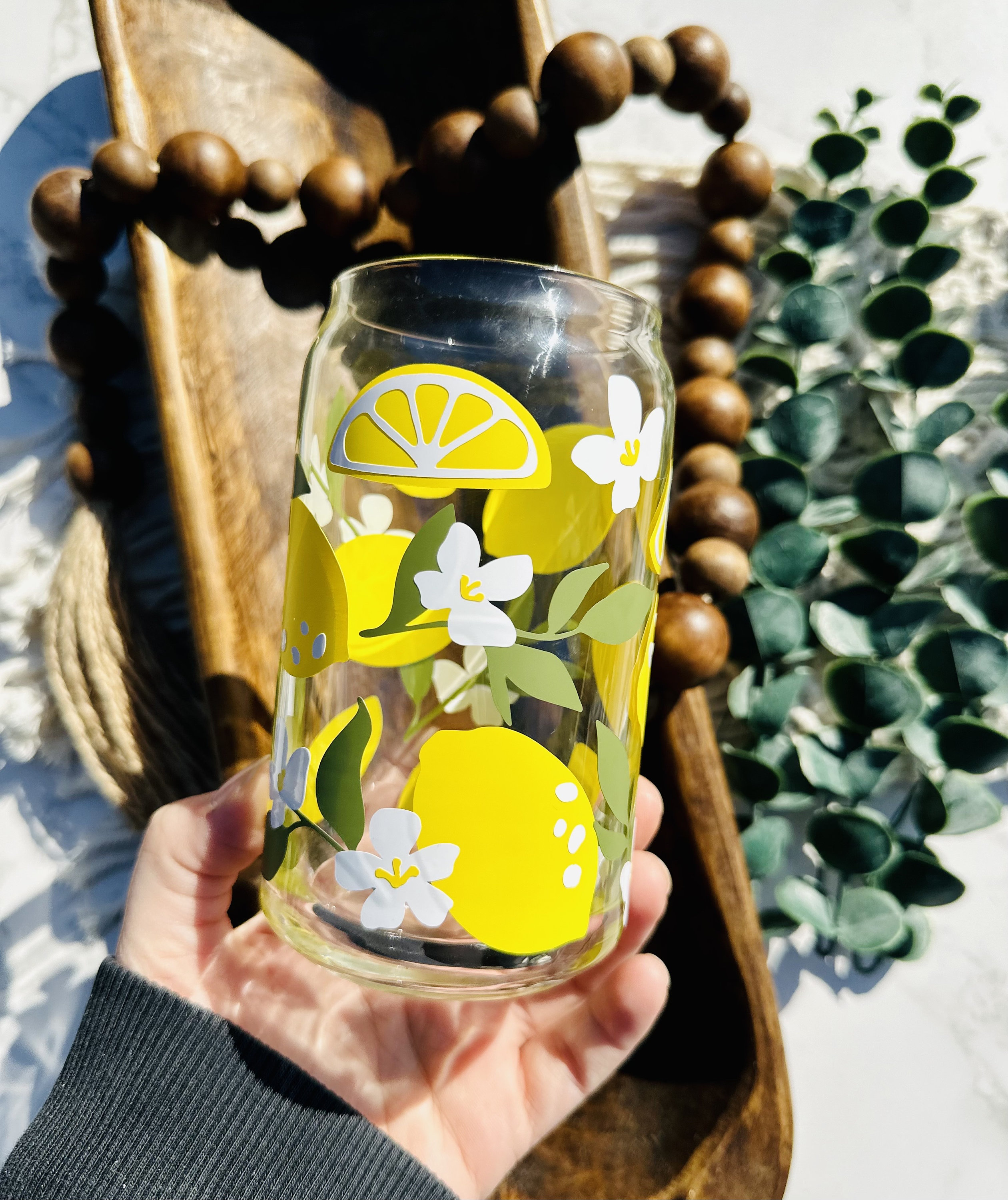 Floral Lemon beer can glass, beer can glass, Beer glass, libbey glass, boho art, engraved lid, coffee glass, iced coffee glass