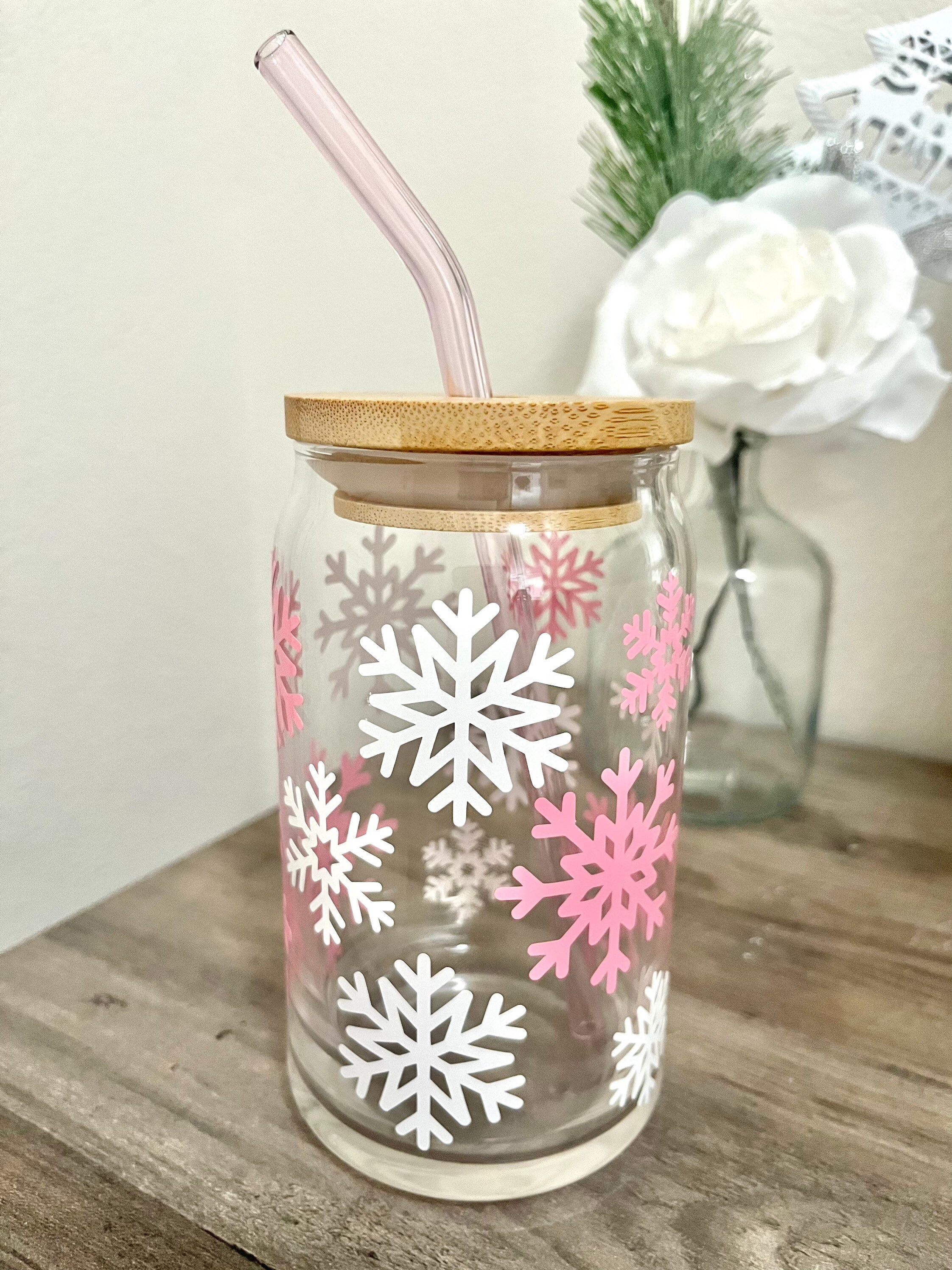 Snowflake Glass Cup / Holiday Cup / Christmas Glass Cup / Iced Coffee Glass / Christmas Gift / Winter Wonderland / Pink Snowflake Cup