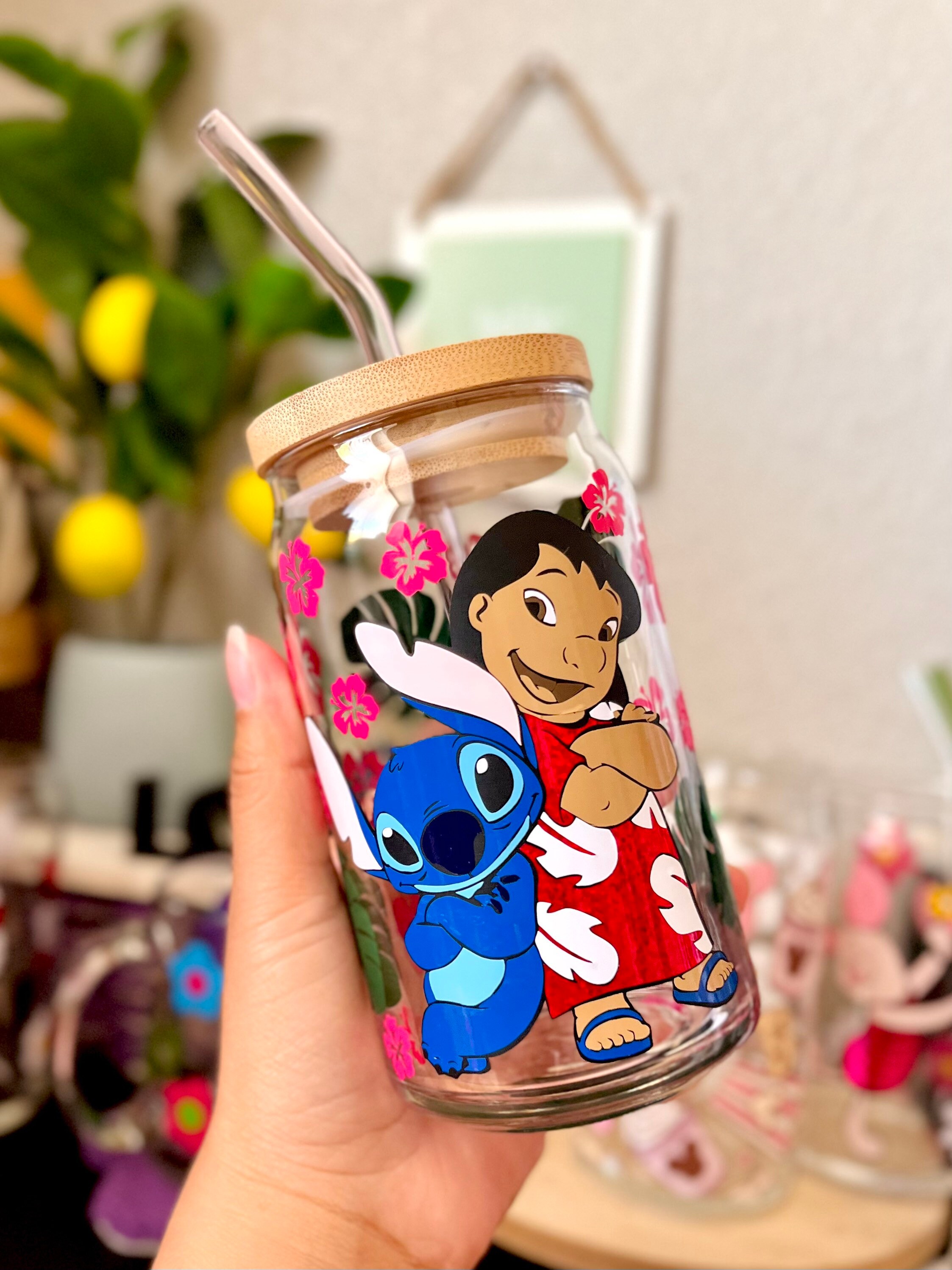 Lilo & Stitch Hibiscus Monstera 16 oz Beer Can Glass | Spring Summer Lemonade | Smoothie Cup| Hawaiian Flower | Aloha| Ohana 625 Blue Alien