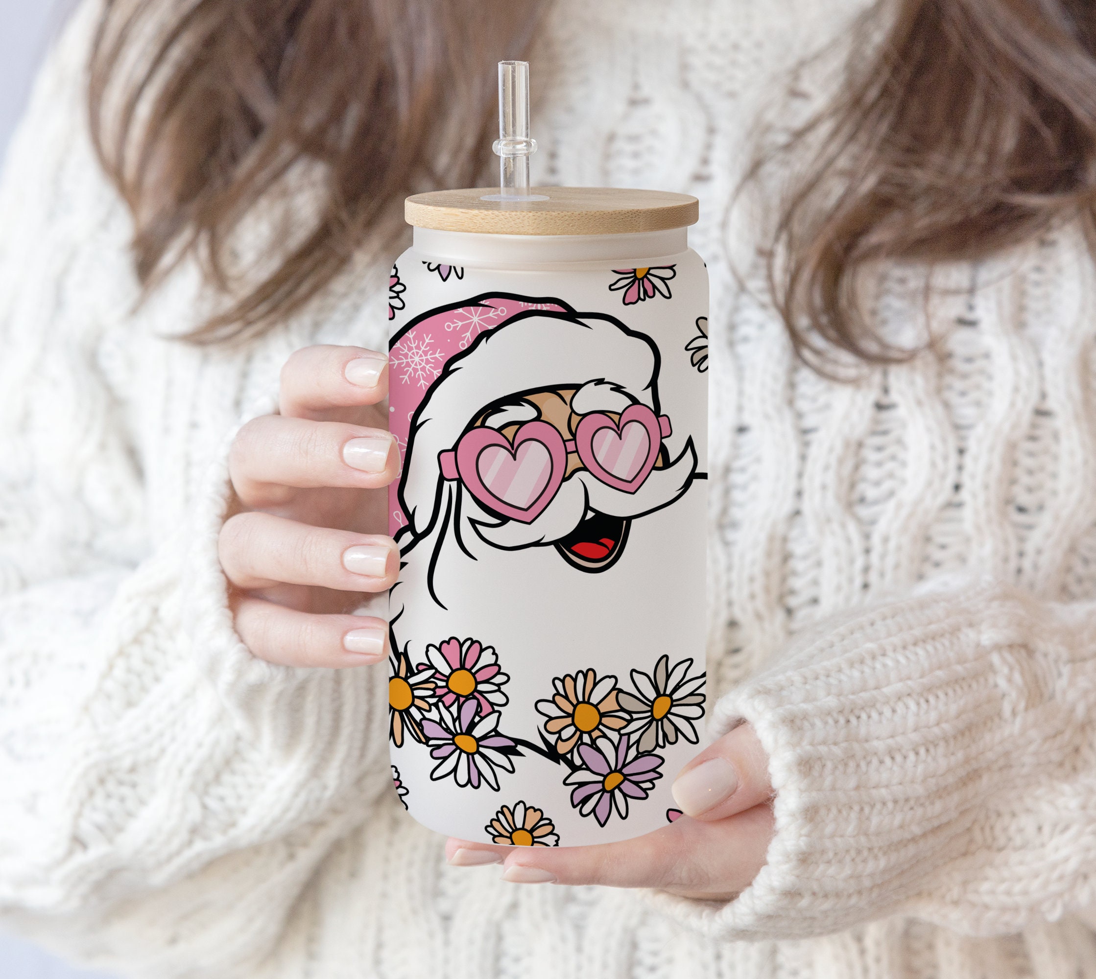 16 oz Libbey Beer Glass Can Cute Retro Christmas Disco Flower Santa Claus | Preppy Santa Groovy Christmas Digital Boho Winter Download PNG