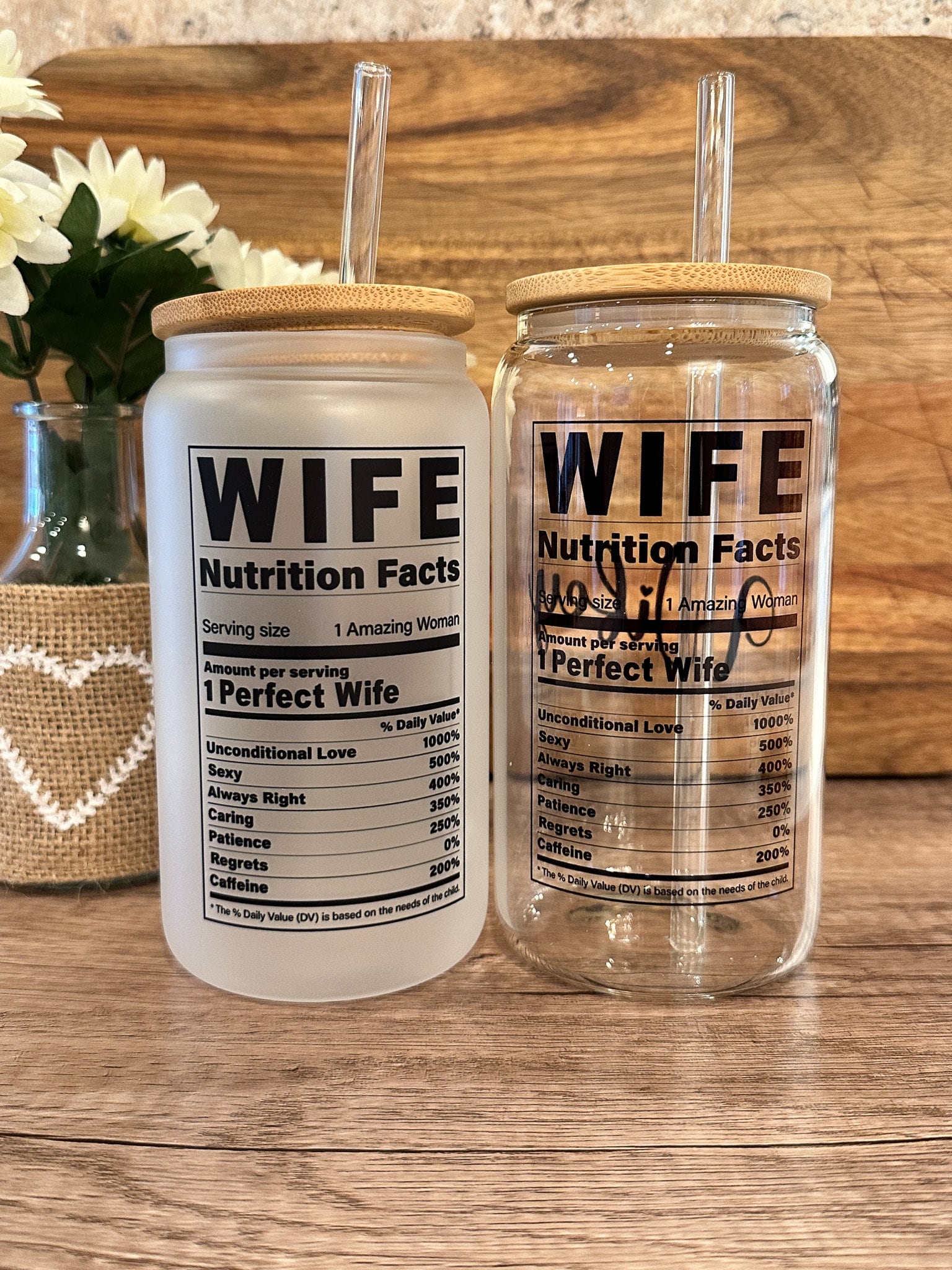 Wife Nutrition Fun Facts Iced Coffee Cup, Wifey Gift, Reusable Can Glass, w/Lid & Straw, Anniversary Gift, 16 oz Frosted or Clear Glass Cup