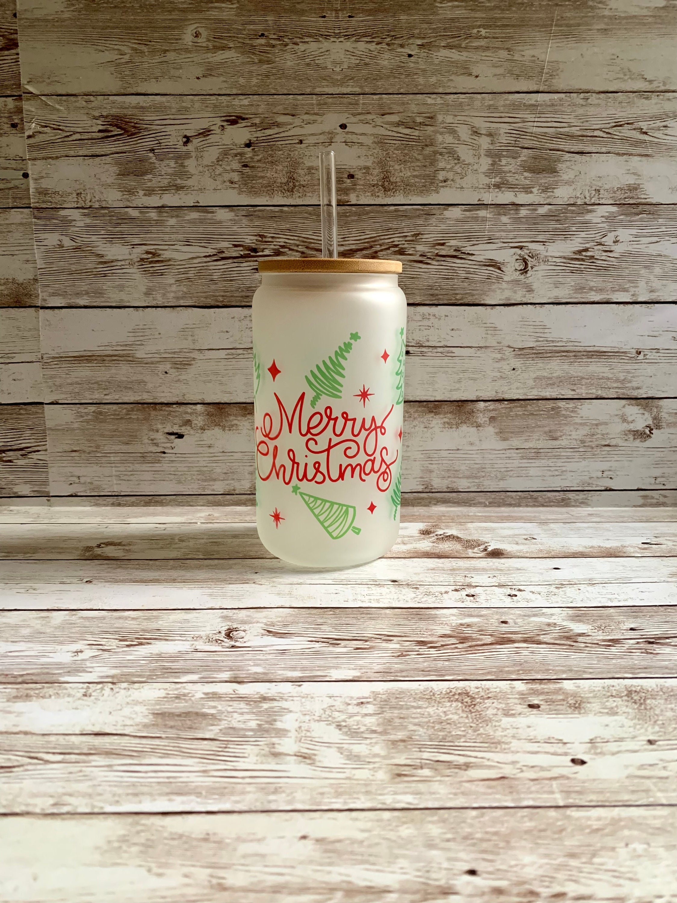 Merry Christmas Frosted Beer Can Glass / Custom Holiday Tumbler / Stocking Stuffer Gift for Her / Cute Xmas Glass / Christmas Tree Decor