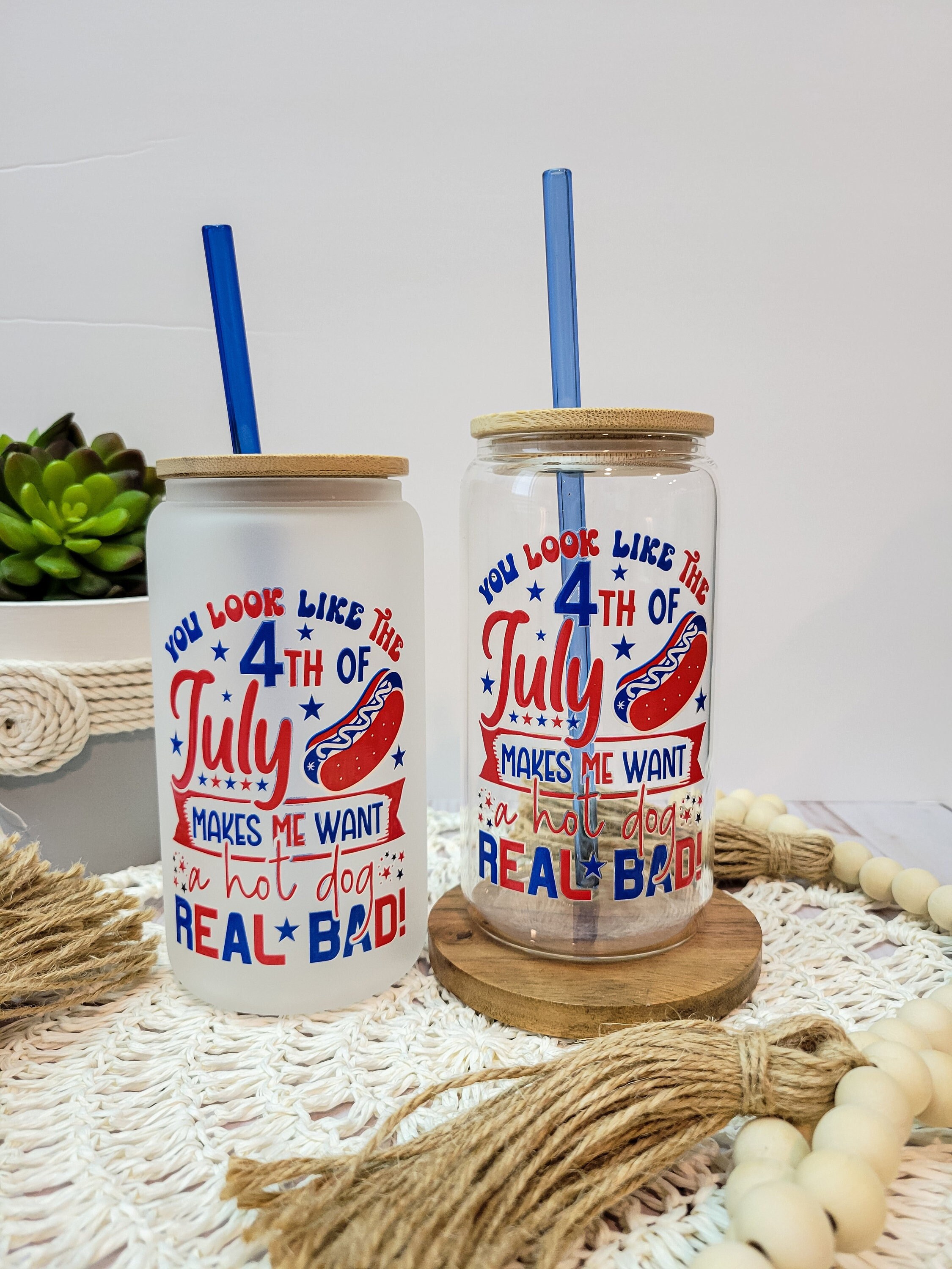 4th of July Glass Cup, America Patriotic Tumbler, You Look Like the 4th of July, Red White and Blue Beer Can Glass Cup with Lid and Straw