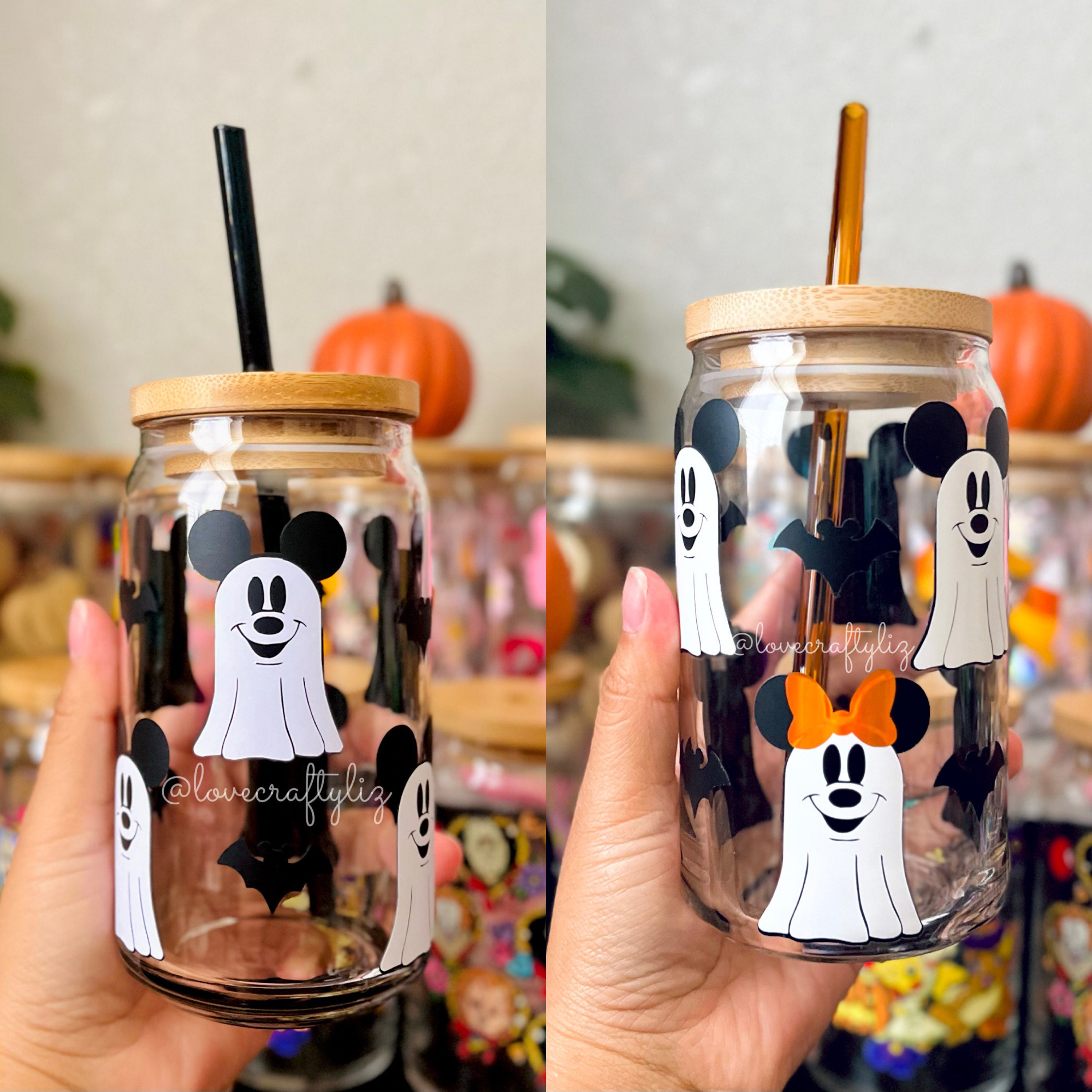 Minnie Mickey Mouse Ghost 16 oz Beer Can Glass | Halloween Spooky Can Glass | Pumpkin| Disney Cup | Bats | Fall Autumn Spice