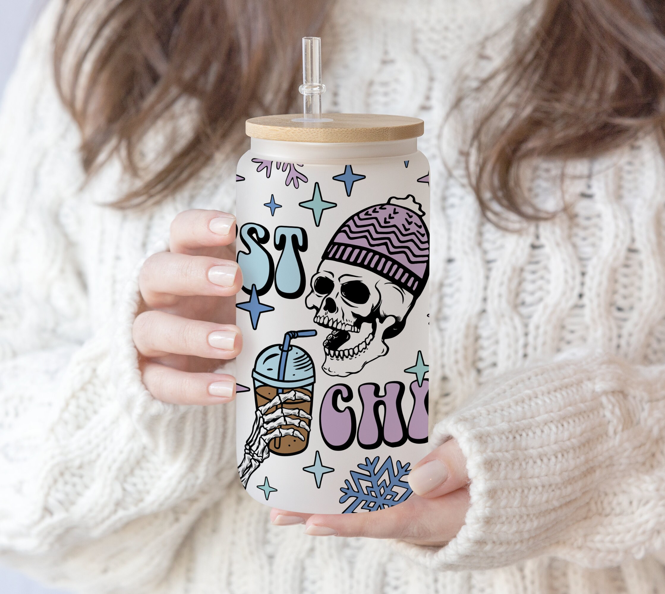 16 oz Libbey Glass Can Retro Just chill Skellie Winter | Iced Coffee Lover | Vintage Skull Skeleton |Skull Gift for Mom Digital Download PNG