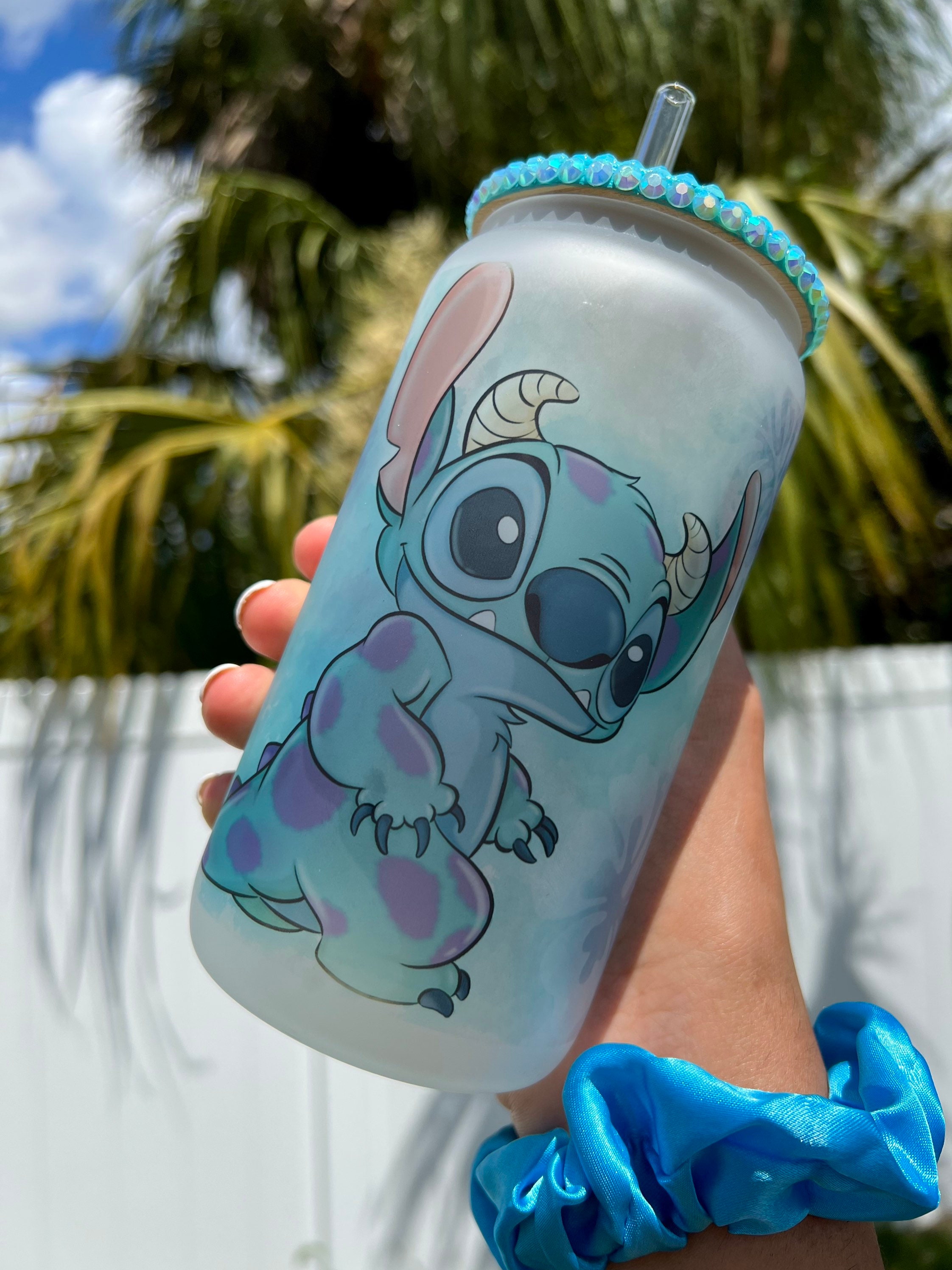 Sully Stitch 16 oz Frosted Can Glass Cup, Stitch Cups, Disney Inspired Cups , Rhinestone Lid, Cute Iced Coffee Glass Cups, Summer Cups