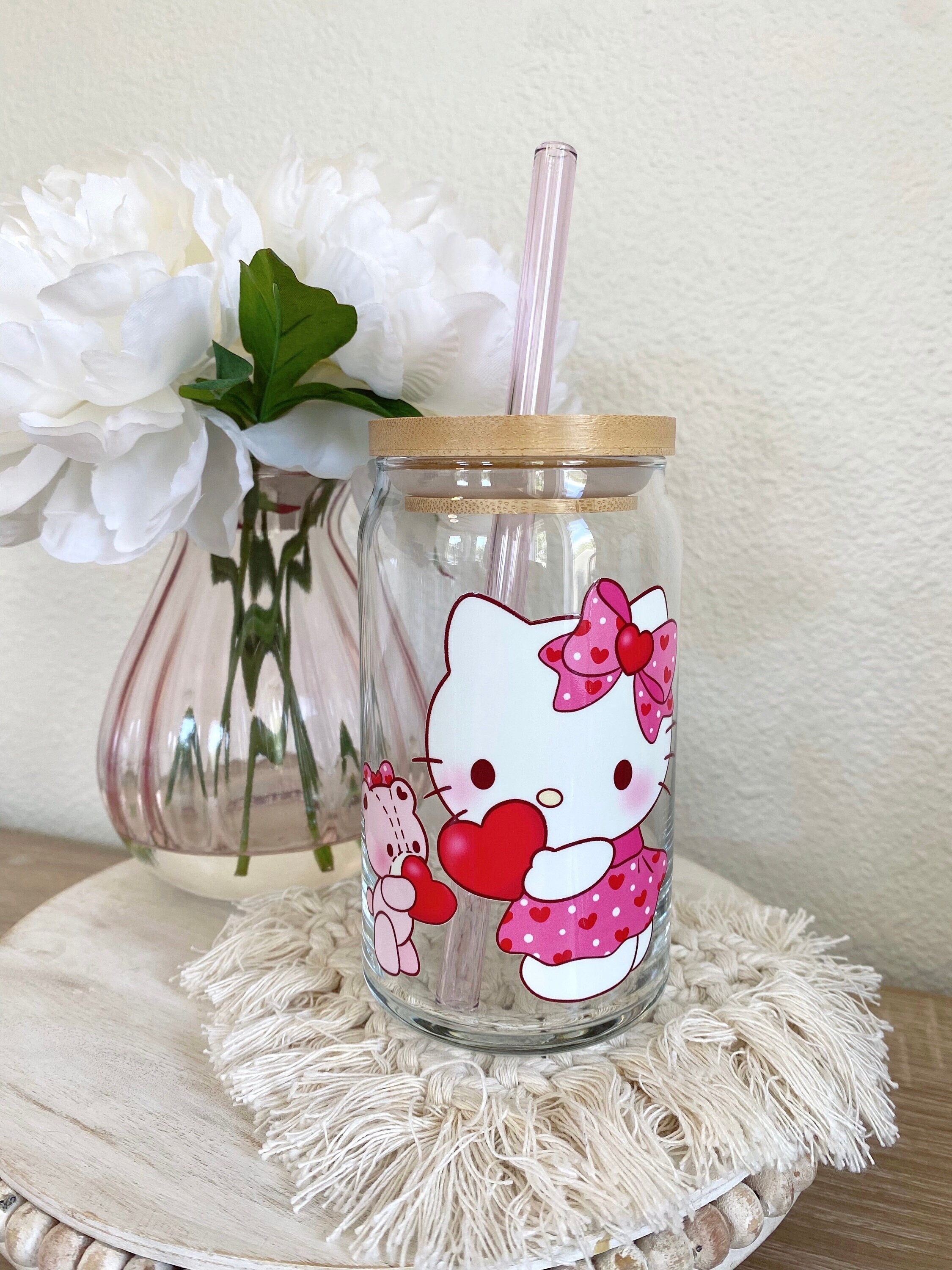 Valentines Kitty Iced Coffee Glass, Kawaii Kitty Hearts Beer Can Glass, Teddy Bear Glass, Vday Coffee Cup, Galentines Gift, Cute Pink Glass