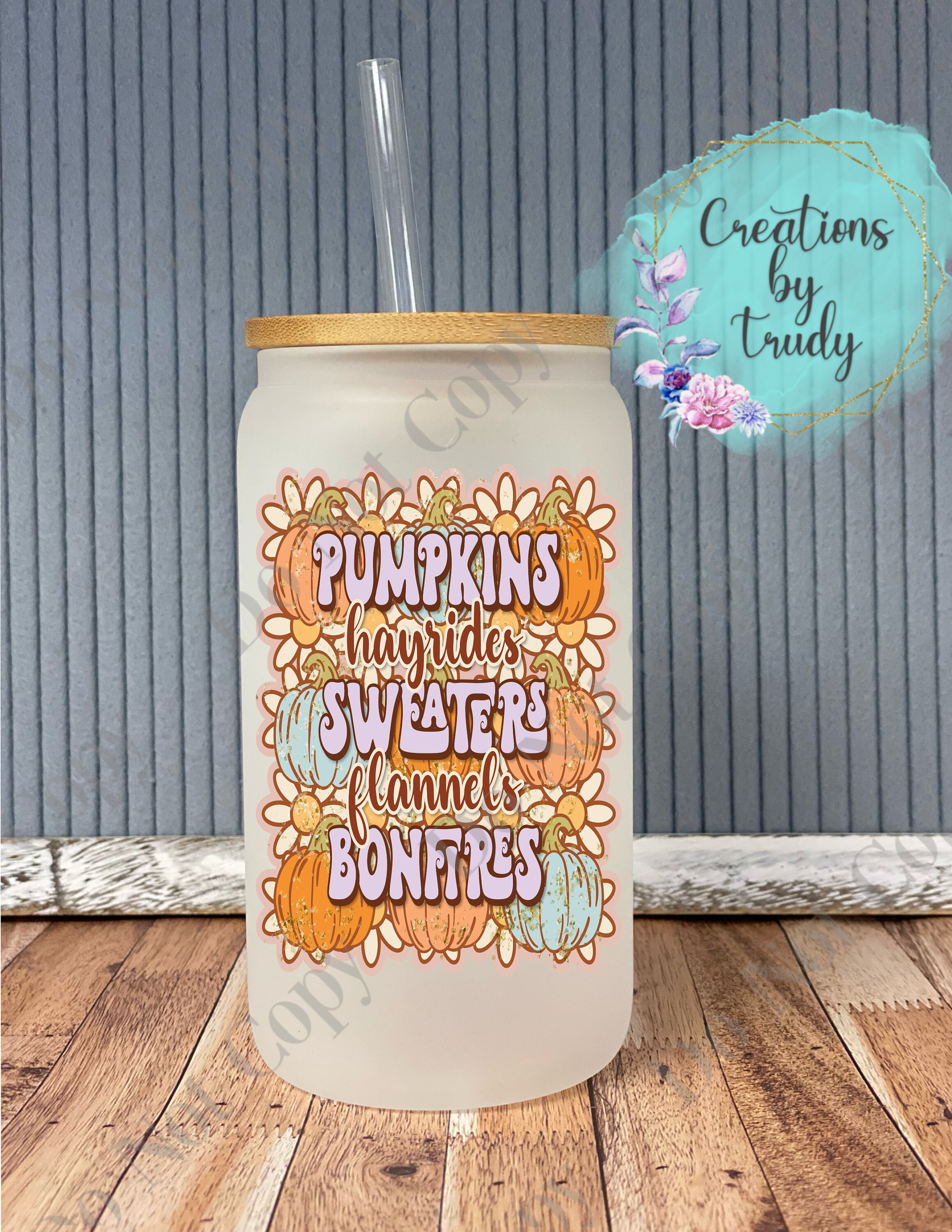 Pumpkins hayrides flannels sweaters- frosted can shaped glass with lid and straw