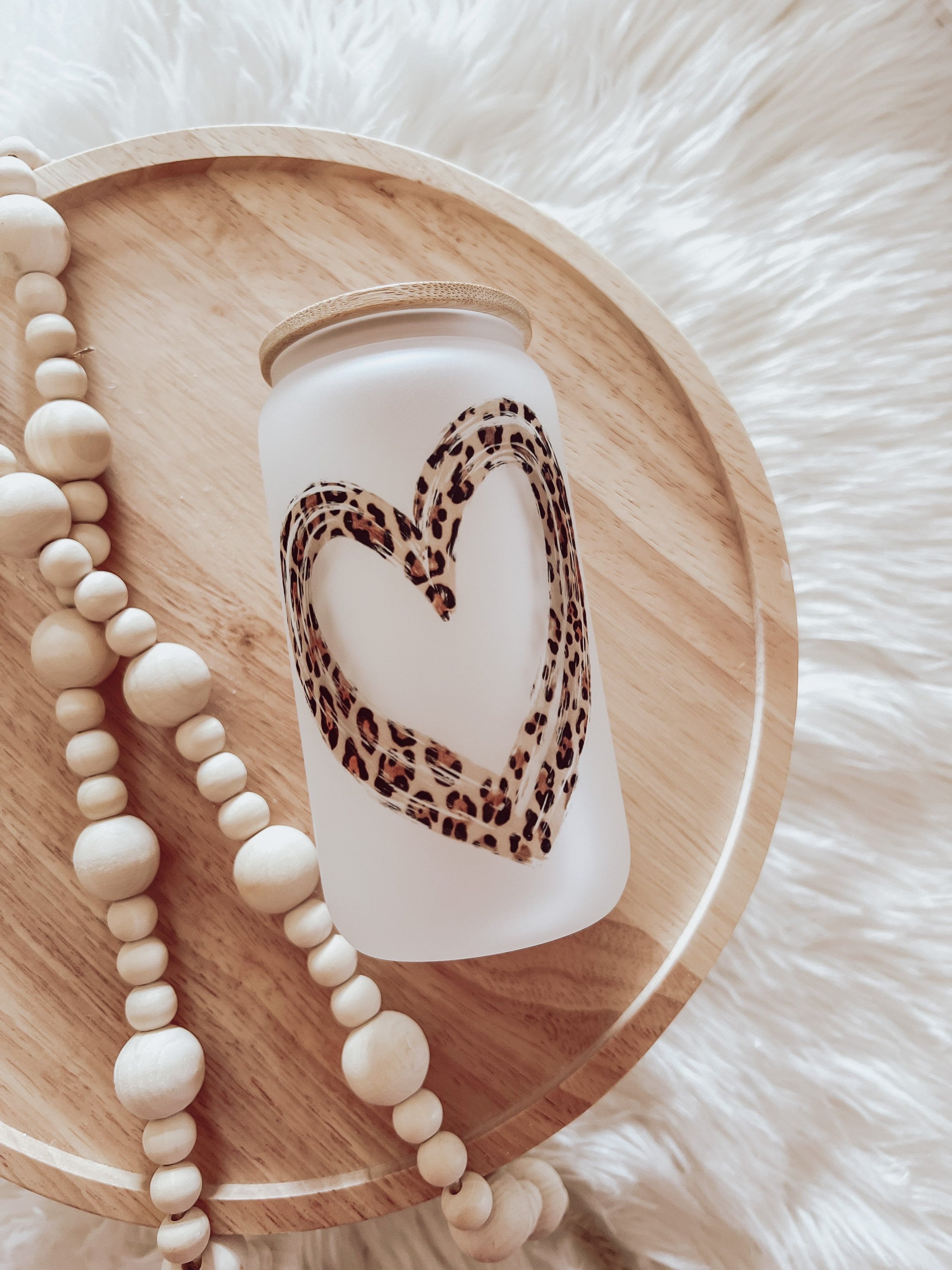 Leopard Heart Beer Can Cup, Valentines Day, Iced Coffee Cup, Aesthetic Coffee Cup, Glass Can Cup, Smoothie Cup, Bamboo Lid & Straw