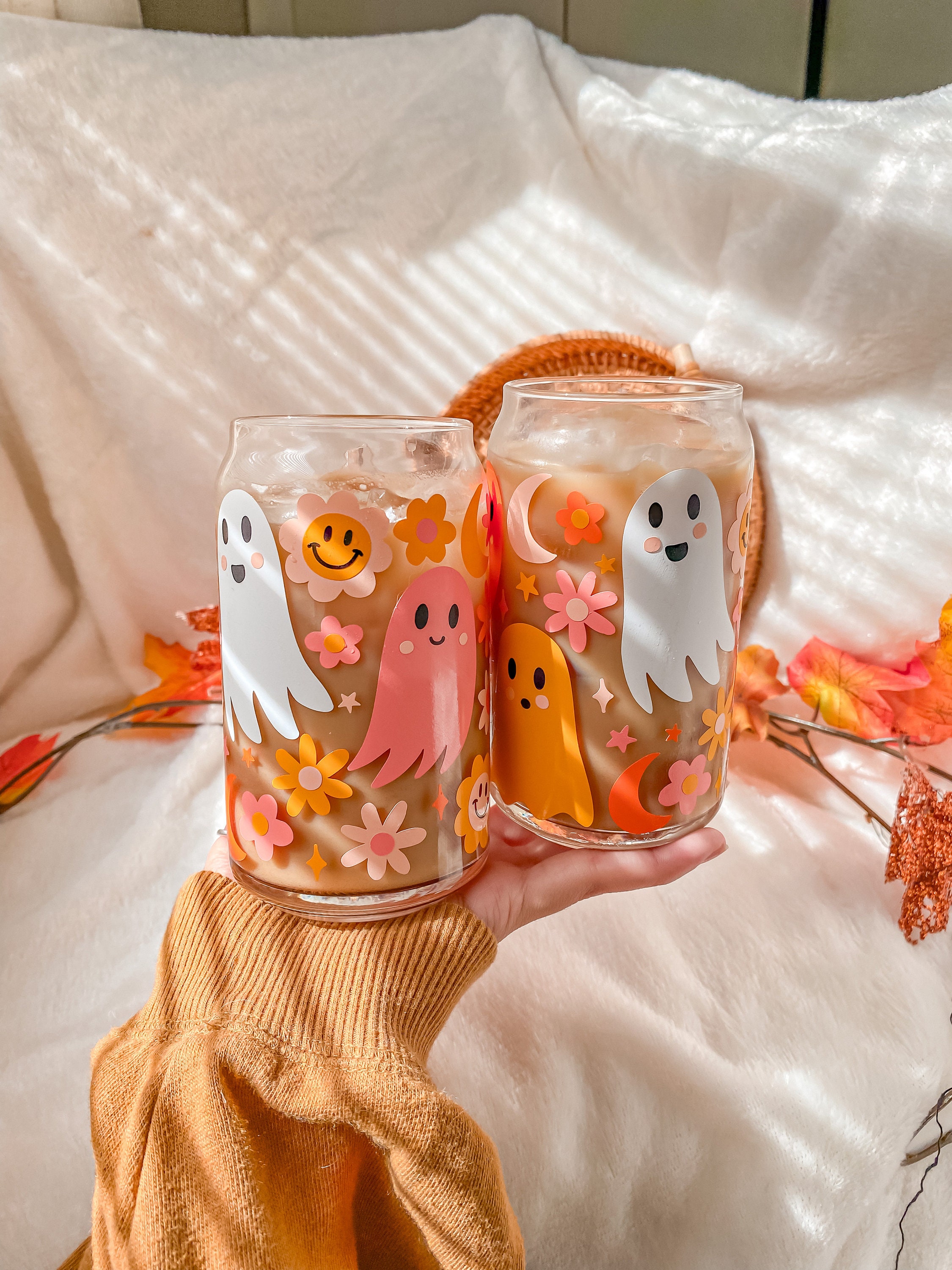 Retro & Groovy Flowers Aesthetic Halloween Beer Can Shaped Glass | Cute Boho Spooky Ghosts Iced Coffee Cup or Mug | Mom and Best Friend Gift