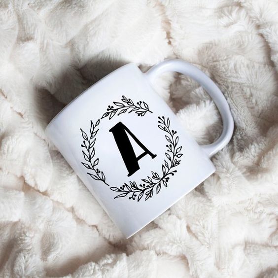 Monogram Illustrated Wreath Coffee Mug | Initial Mug With Illustrated Wreath | Personalized Coffee Mug