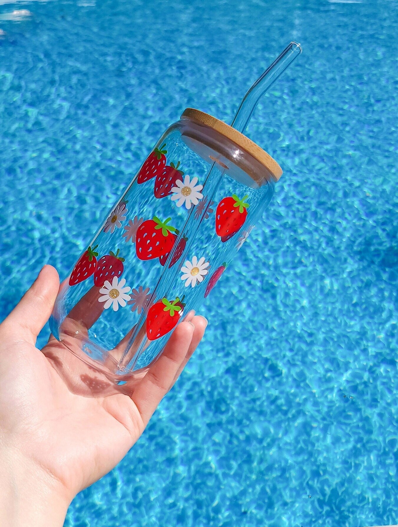 Summer Strawberry Iced Coffee Glass Cup Daisy Can Glass Coffee Cup Strawberry Decor For Summer Gift For Fruit Lover Daisy Glass Tumbler