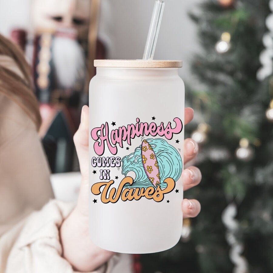 Happiness Comes in Waves Summer Glass Can | Good Vibes Coffee Glass | Beach Coffee Cup | 16oz Libbey Glass | Summer Coffee Can