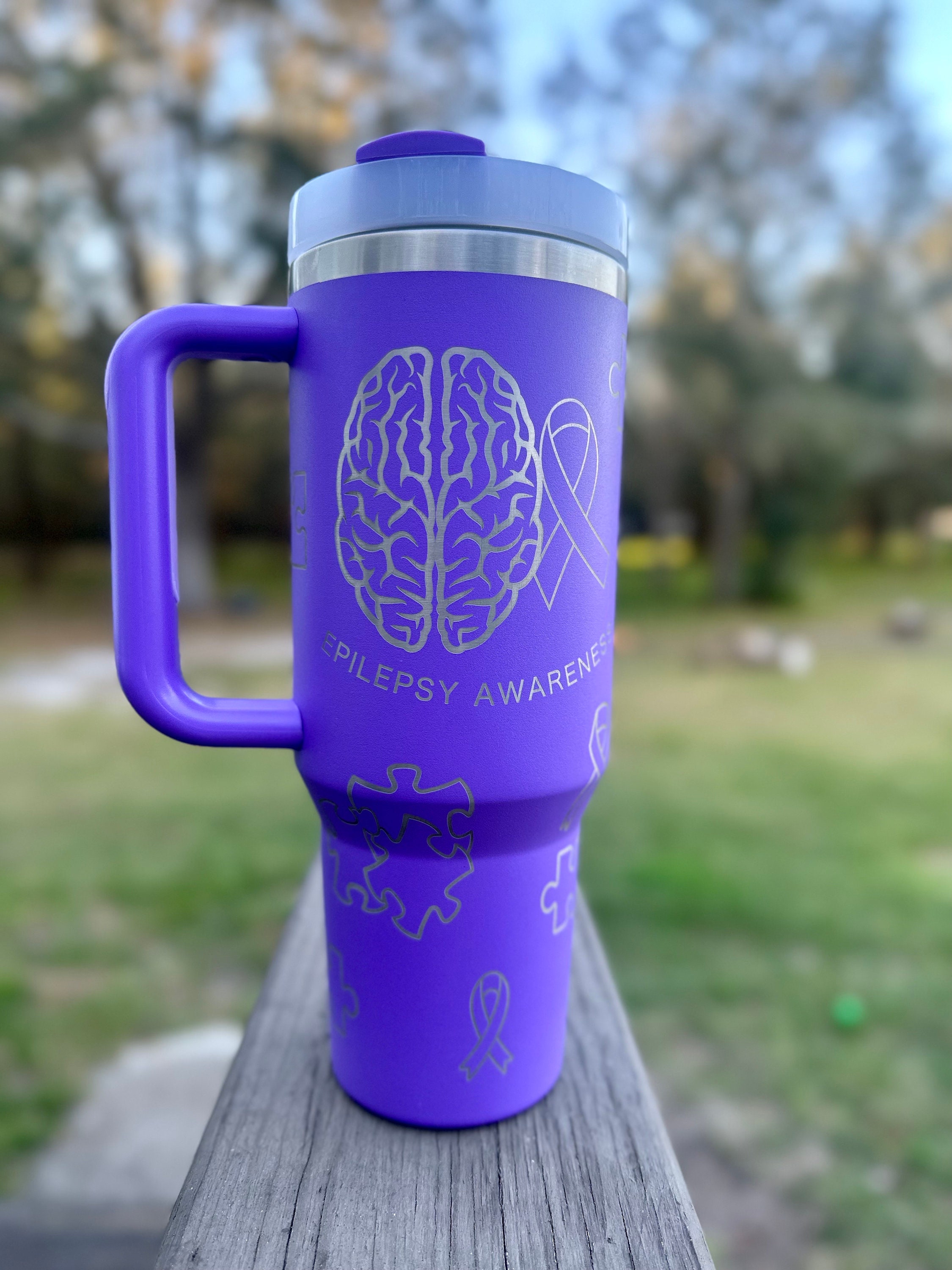 Epilepsy Awareness | Autism Awareness 40 oz Stainless Steel Insulated Tumbler with Handle, Laser Engraved tumbler