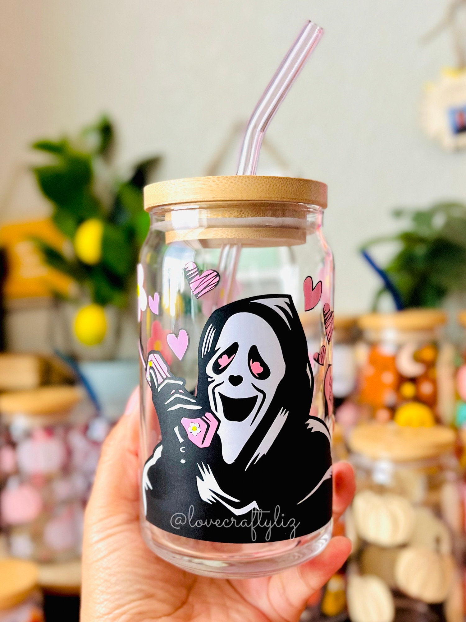 Spring Ghost Call Me 16 oz Beer Can Glass  | Horror | Scary Movies| No You Hang Up | Gift | Billy Killer | Woodsboroo | Floral