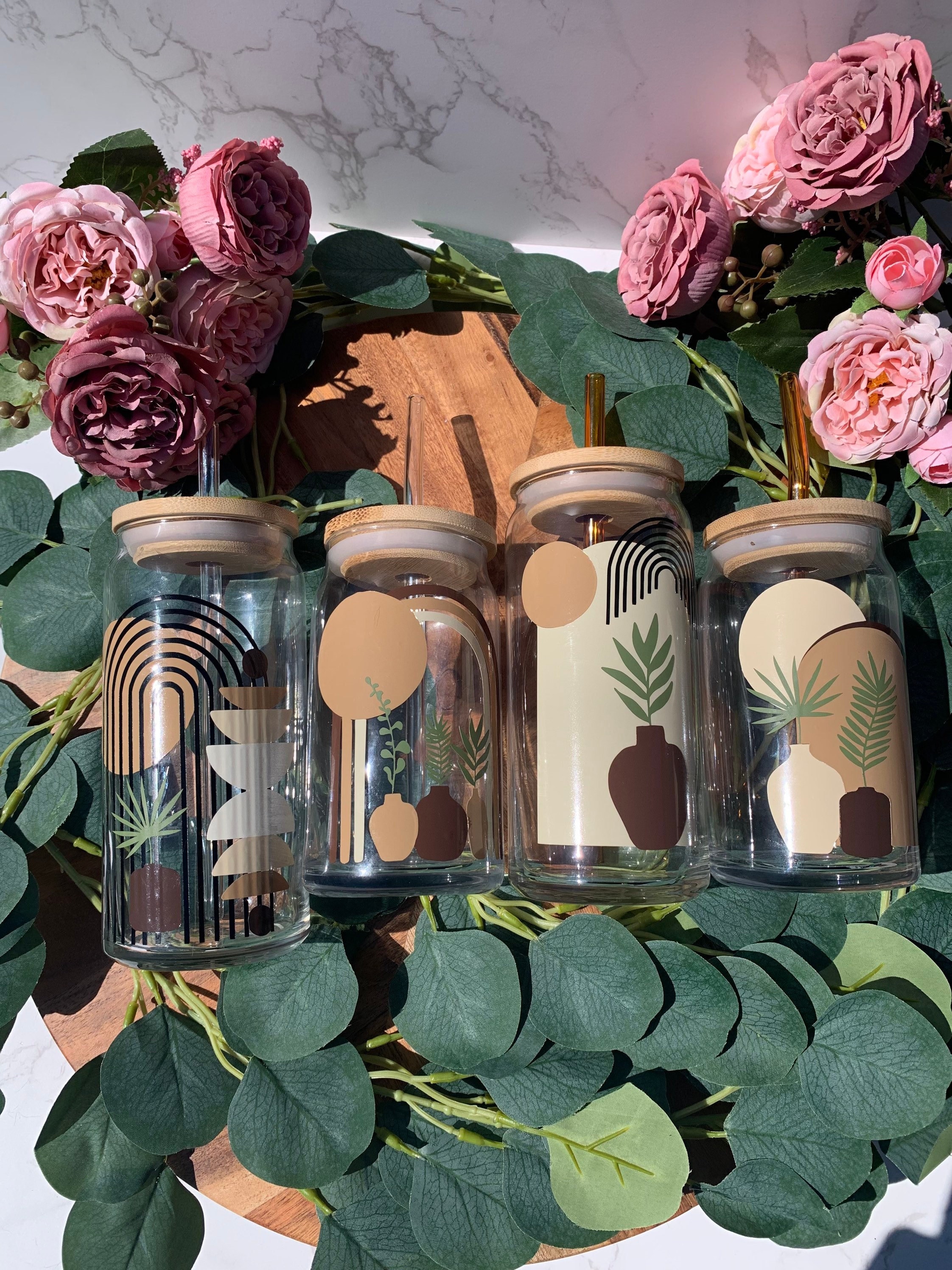 BOHO Plants beer can glass, boho style beer can glass, Beer glass, libbey glass, engraved bamboo lid, coffee glass iced coffee glass