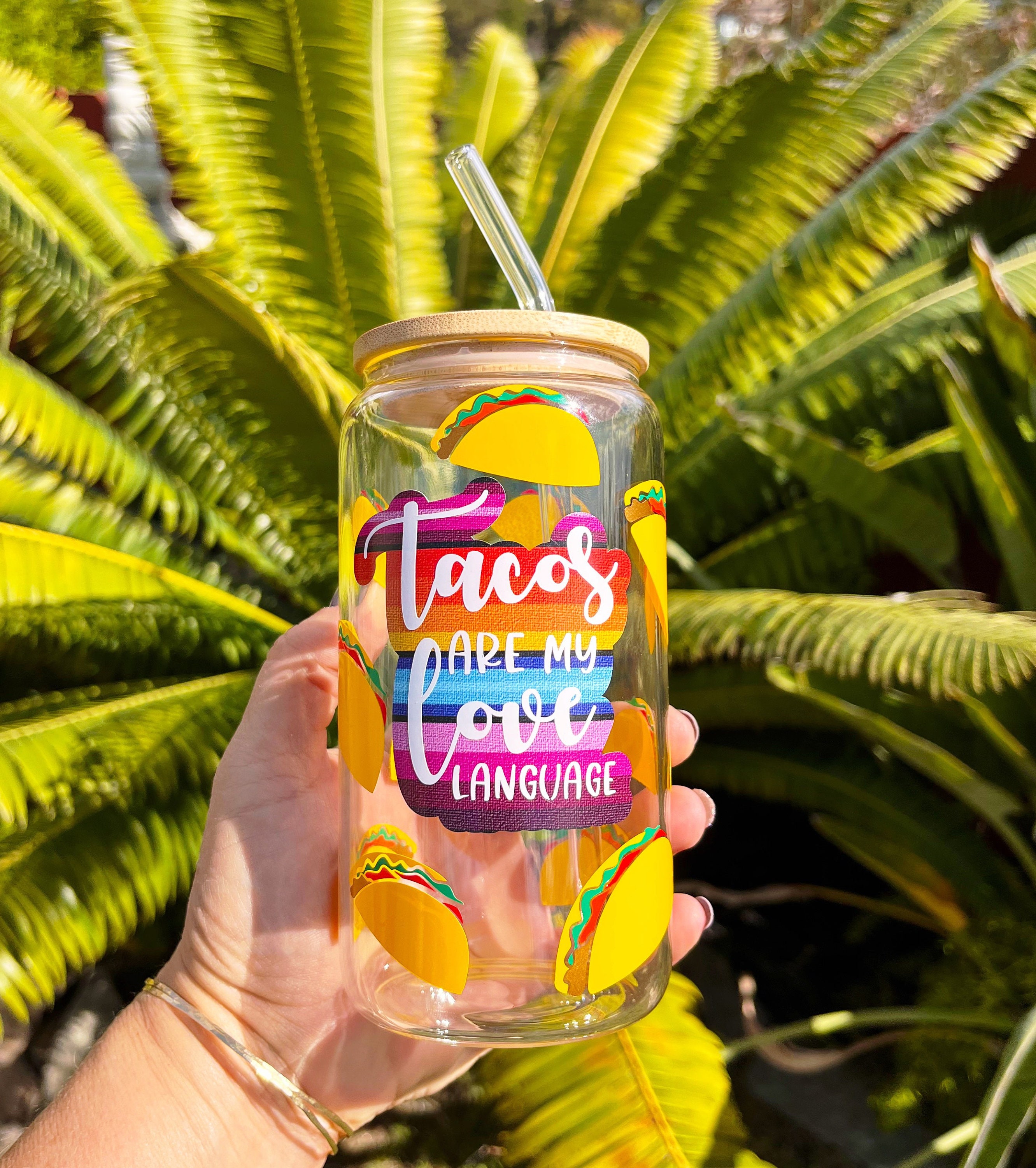 Taco Beer Can Glass, Tacos Are My Love Language Can Glass, Iced Coffee Glass Cup With Bamboo Lid  and Straw, 16oz Glass, Funny Gift