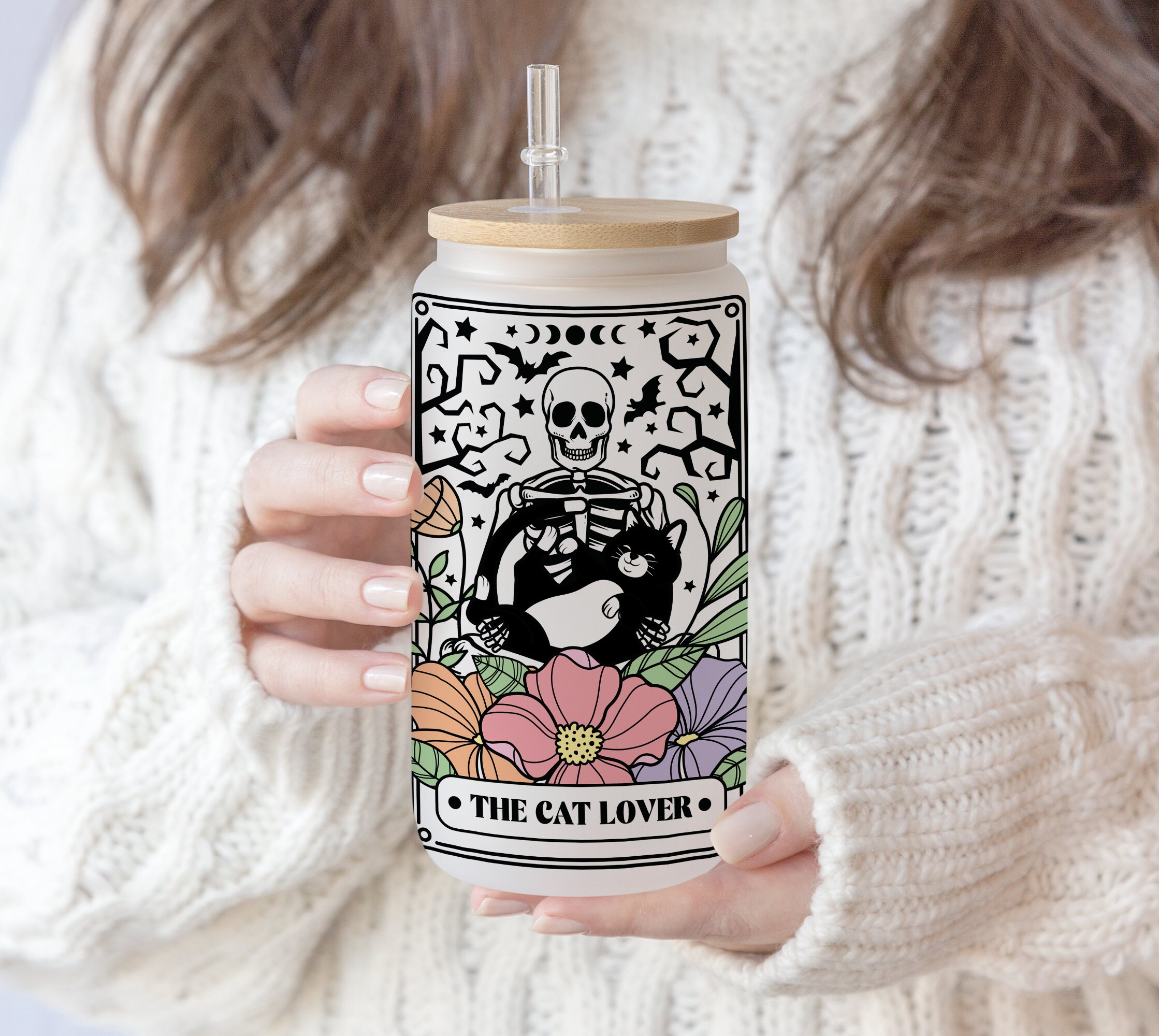 16 oz Libbey Glass Can Sublimation Skeleton Flower Cat lover tarot | The Cat Lover | funny Halloween Skull Cats Lover  Pen wrap PNG file