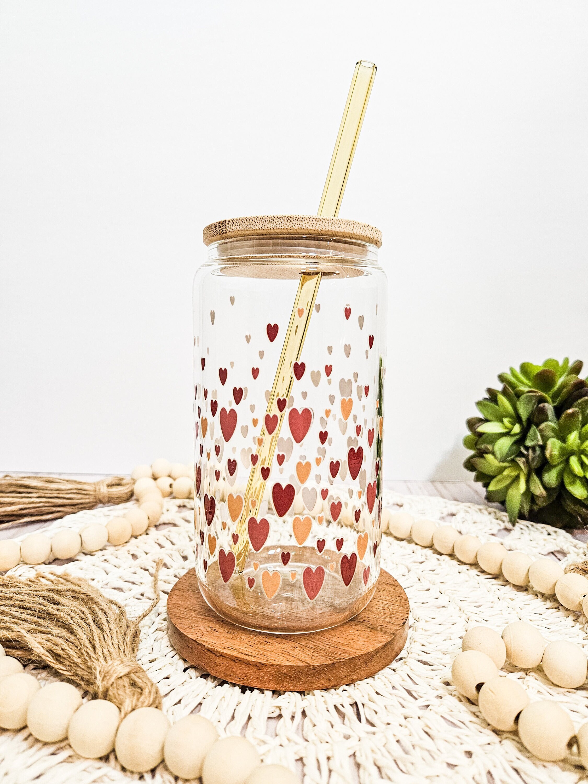 Valentines Day Cup, Confetti Hearts Glass Can Cup, Cute Cup with Lid and Straw, Mini Tiny Hearts Tumbler, Gift for Friend, Iced Coffee Mug