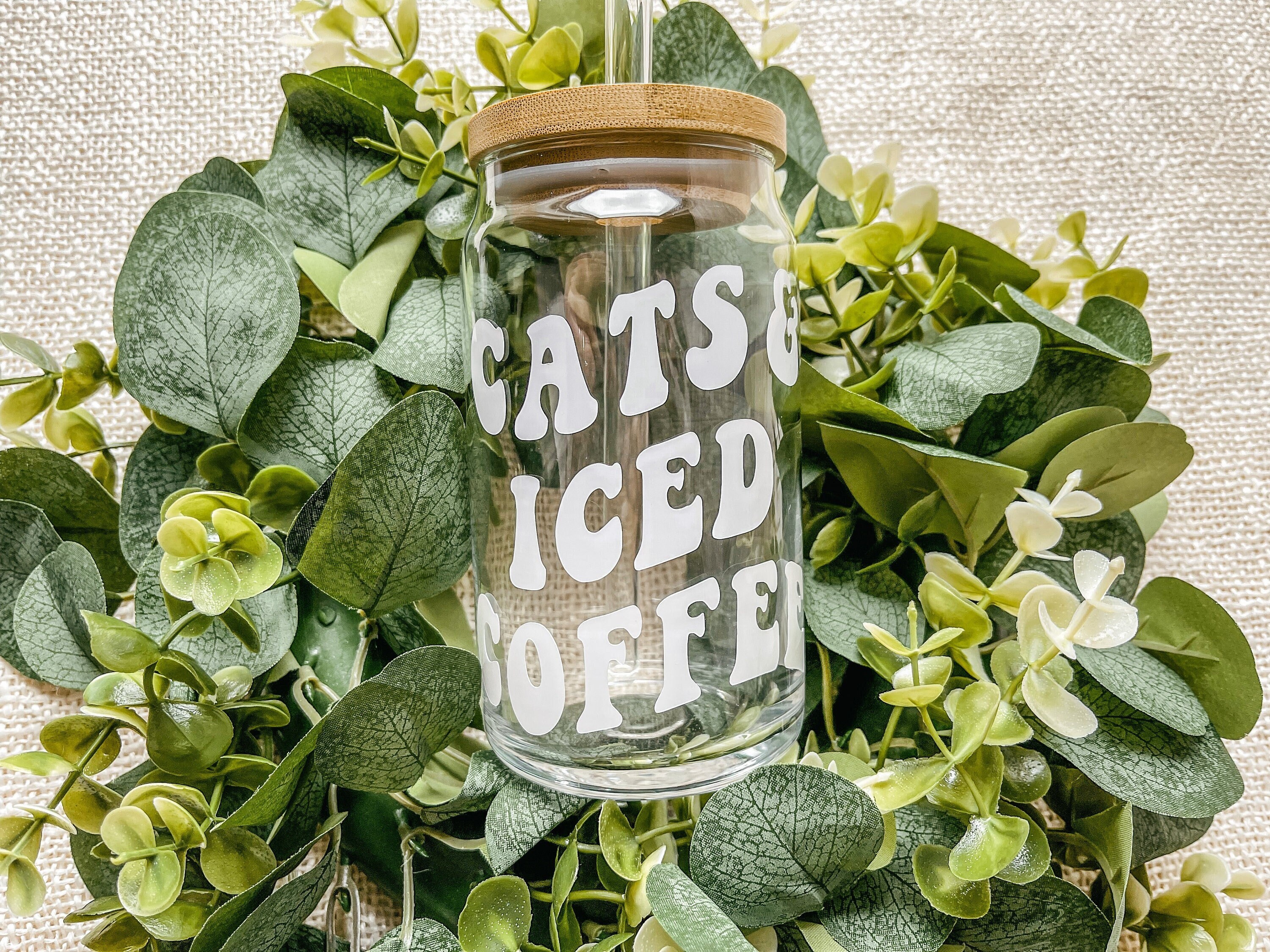 Cats and Iced Coffee Glass, Cat Mom Gifts, Cat Lover Gifts, Beer Can Glass, Aesthetic Glass Can, Iced Latte Glass with Bamboo Lid