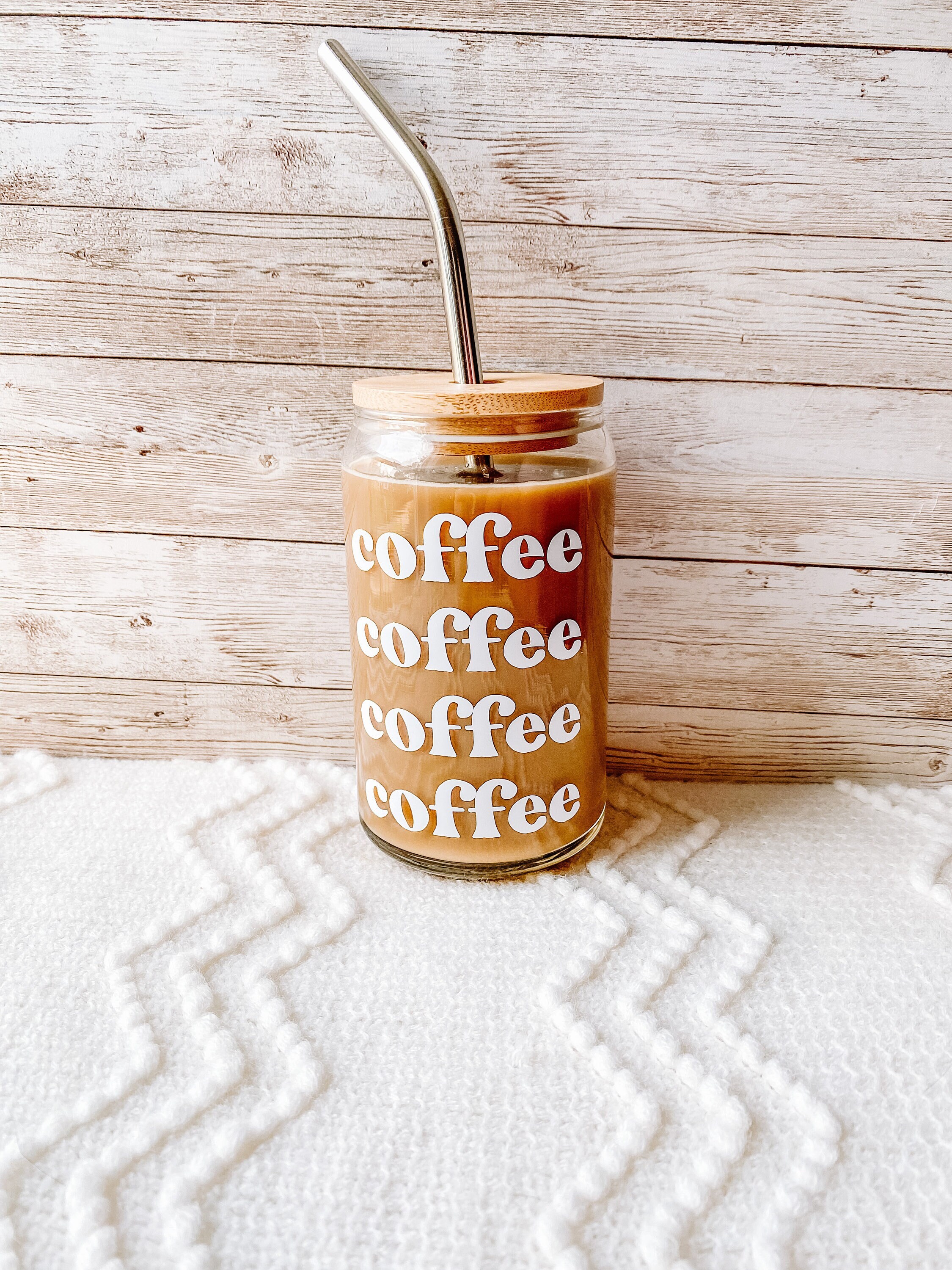 Coffee x4, Coffee Can Glass, Iced Coffee Glass with Bamboo Lid, Beer Can Glass, Boho Glass Can, Aesthetic Glass Can, Iced Latte Glass