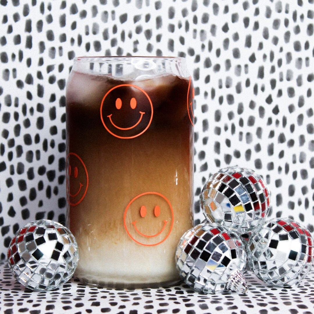 Happy Face | Modern Coffee Glass | Beer Can Pint Glass | 16 oz Glass | Coffee Addicts | Morning Coffee | Iced Coffee | Minimalist Coffee