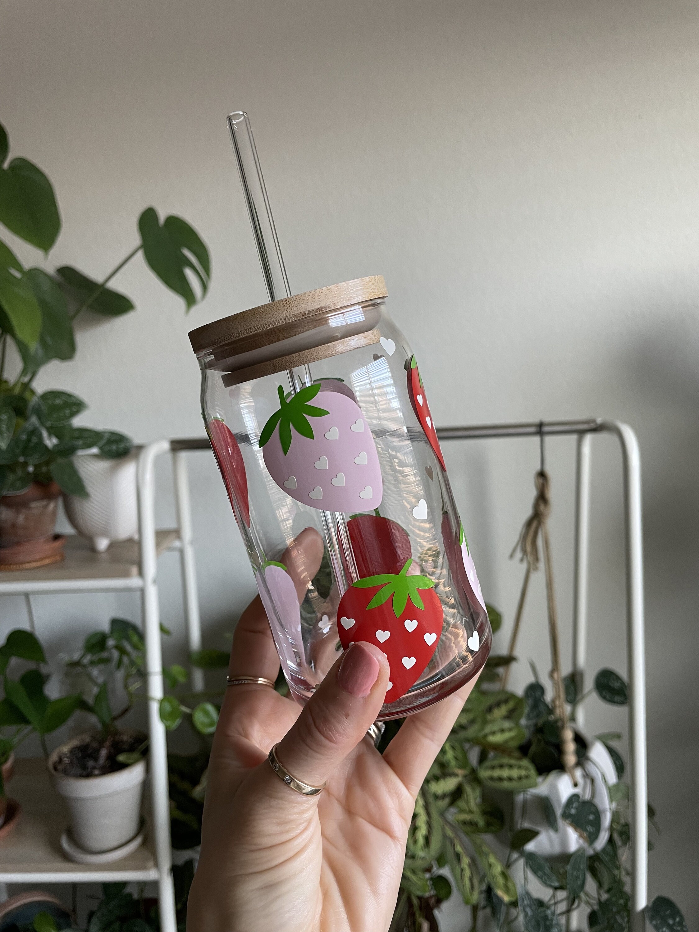 Strawberry Hearts Glass Cup, Aesthetic Coffee Glass Cup, Can Glass Tumbler, Coffee Cup Glass, Galentines Day Gift, Gifts for Teachers