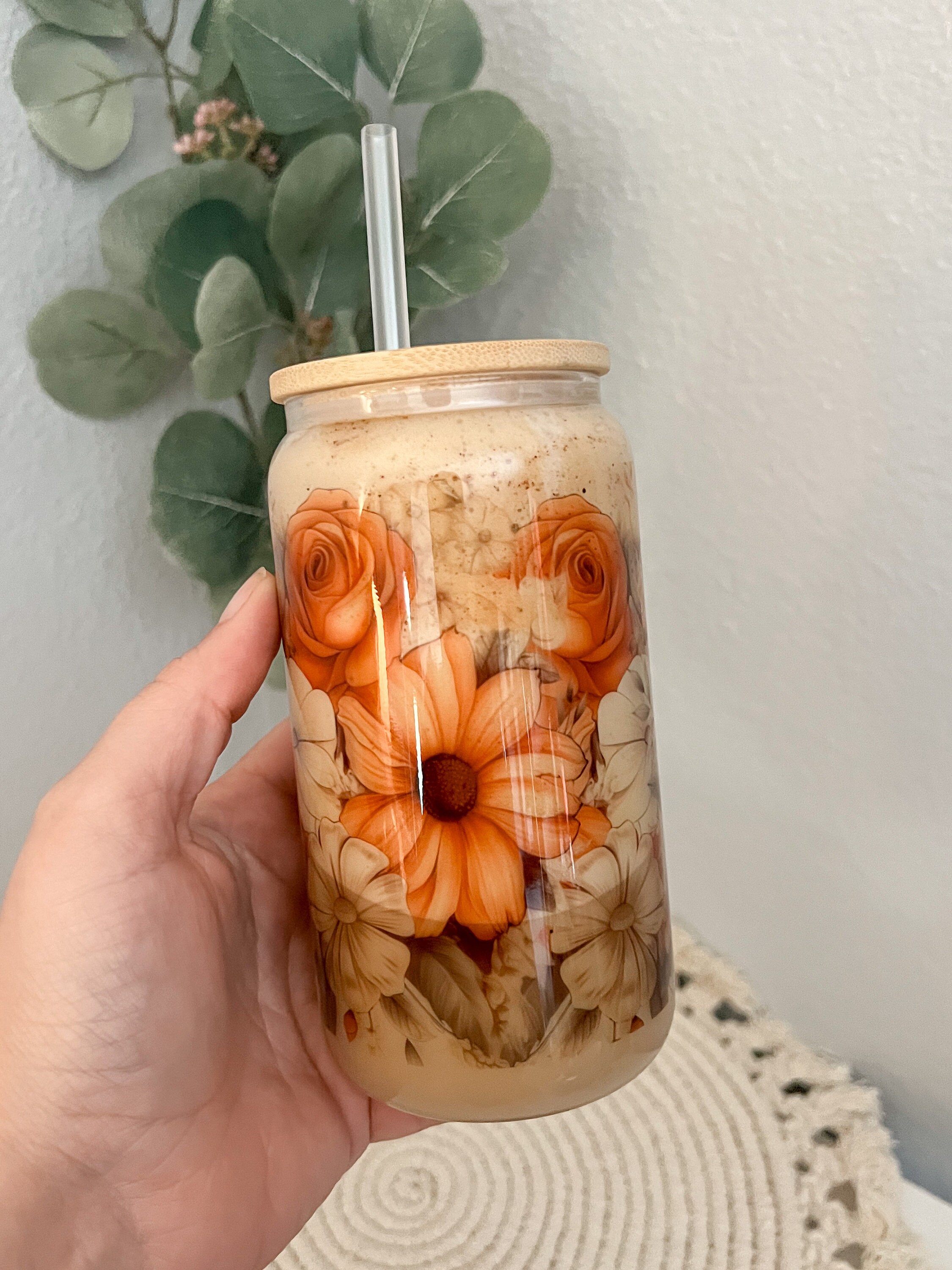 Autumn Flower Glass Can Cup With Reusable Plastic Straw and Bamboo Lid