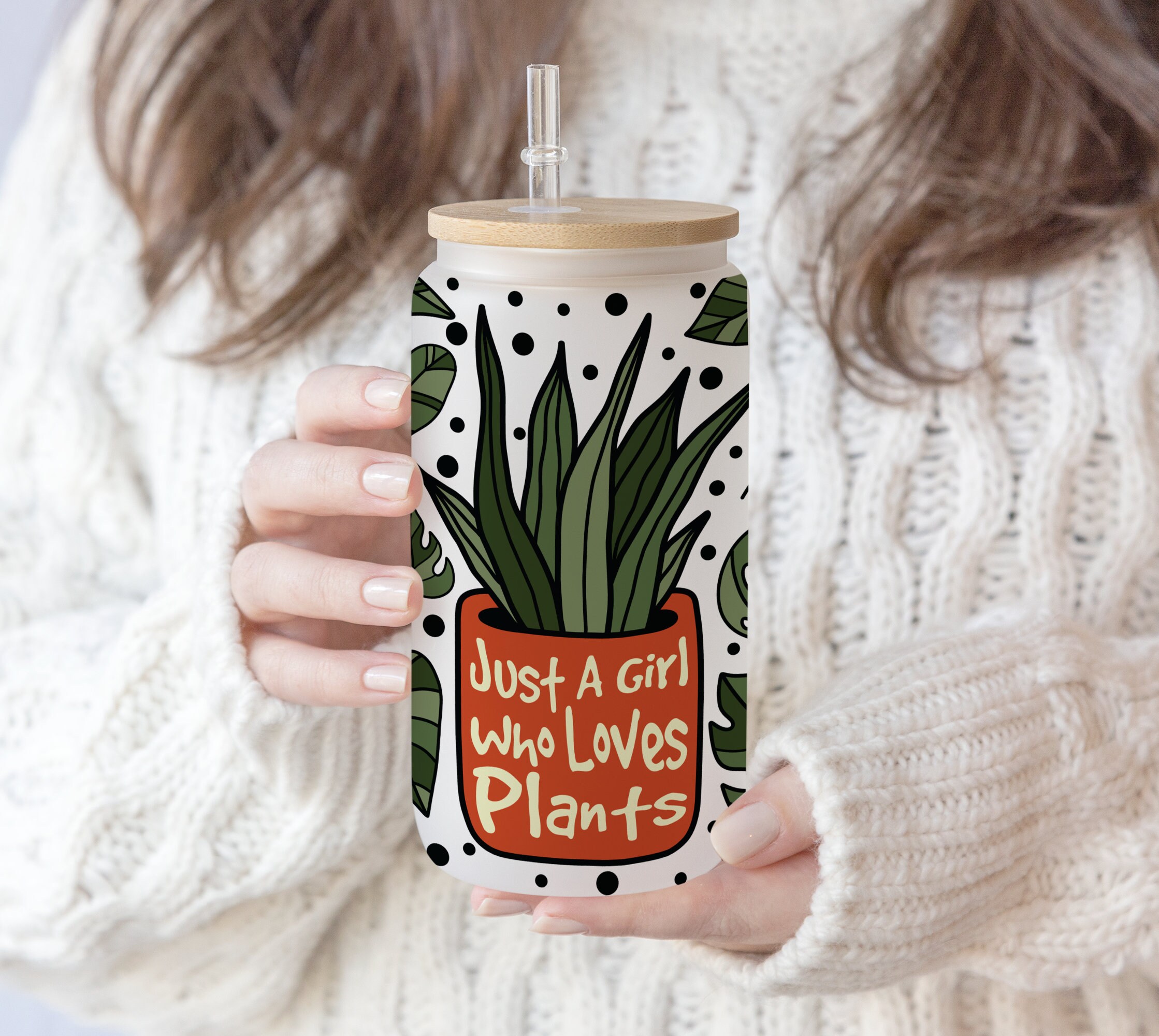 16 oz Libbey Glass Can Tumbler Sublimation Just a Girl Who Love Plants | Seamless Monstera leaf | Gift for Plant Lover wrap PNG file