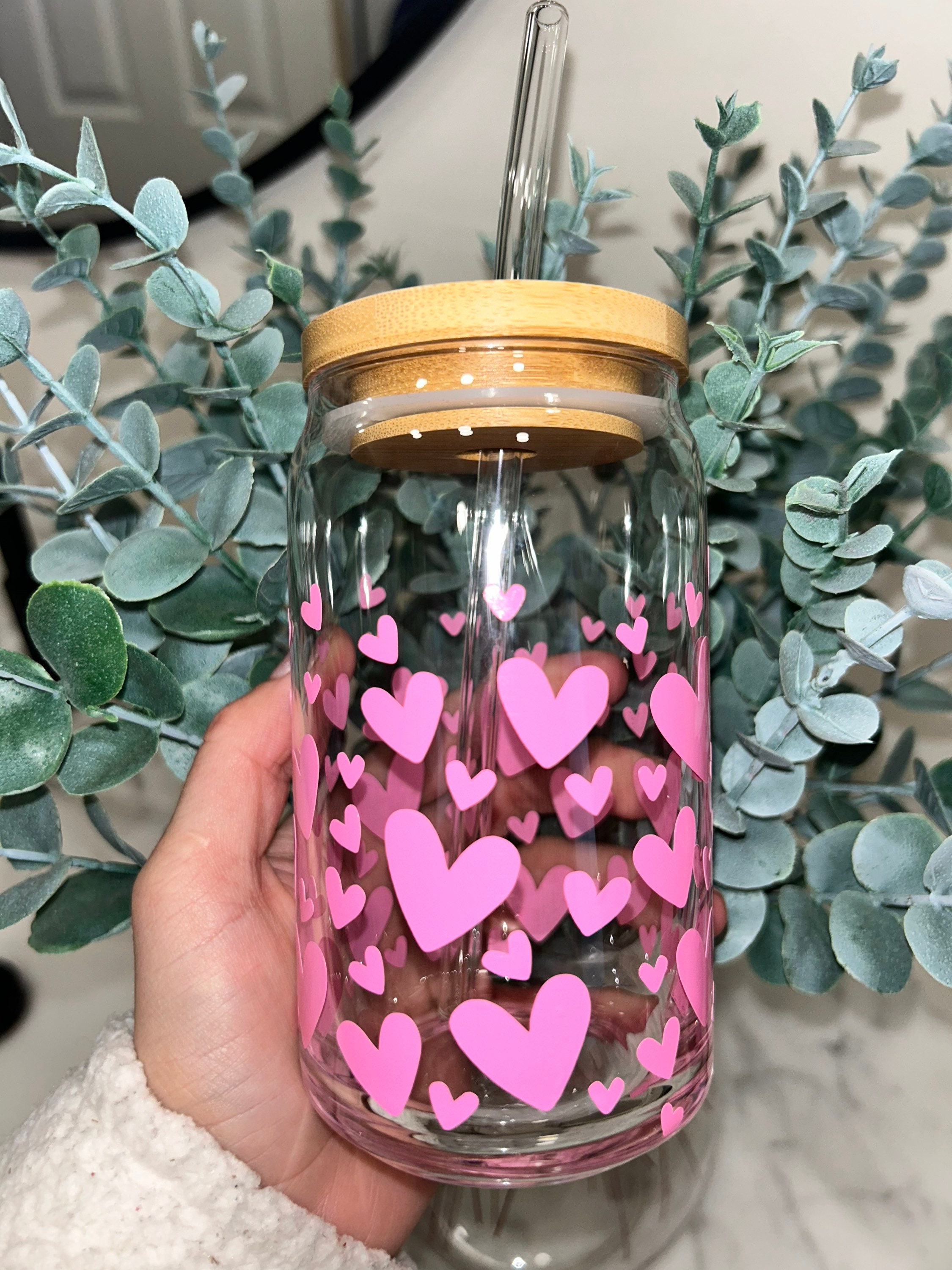 Pink Hearts Beer Can Glass, Valentines Beer Can Glass