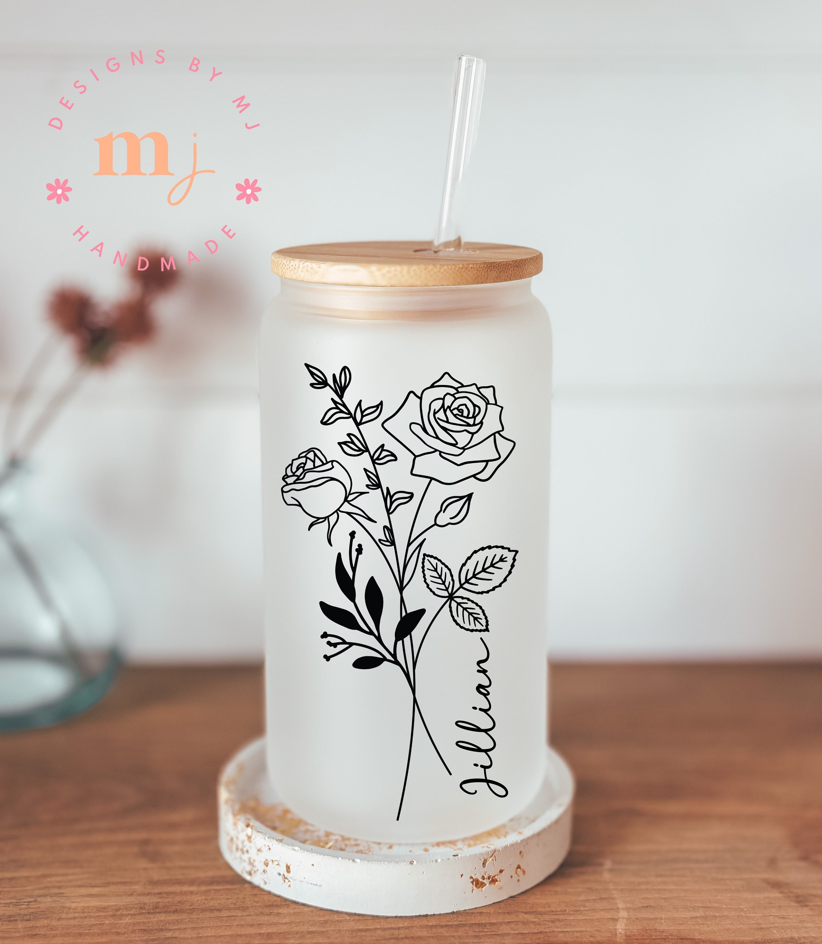 Personalized Tumbler With Name Gift For Mom Custom Coffee Mug Floral Design Birth Flower Glass Tumbler For Bridesmaid Gift Mug Giftful