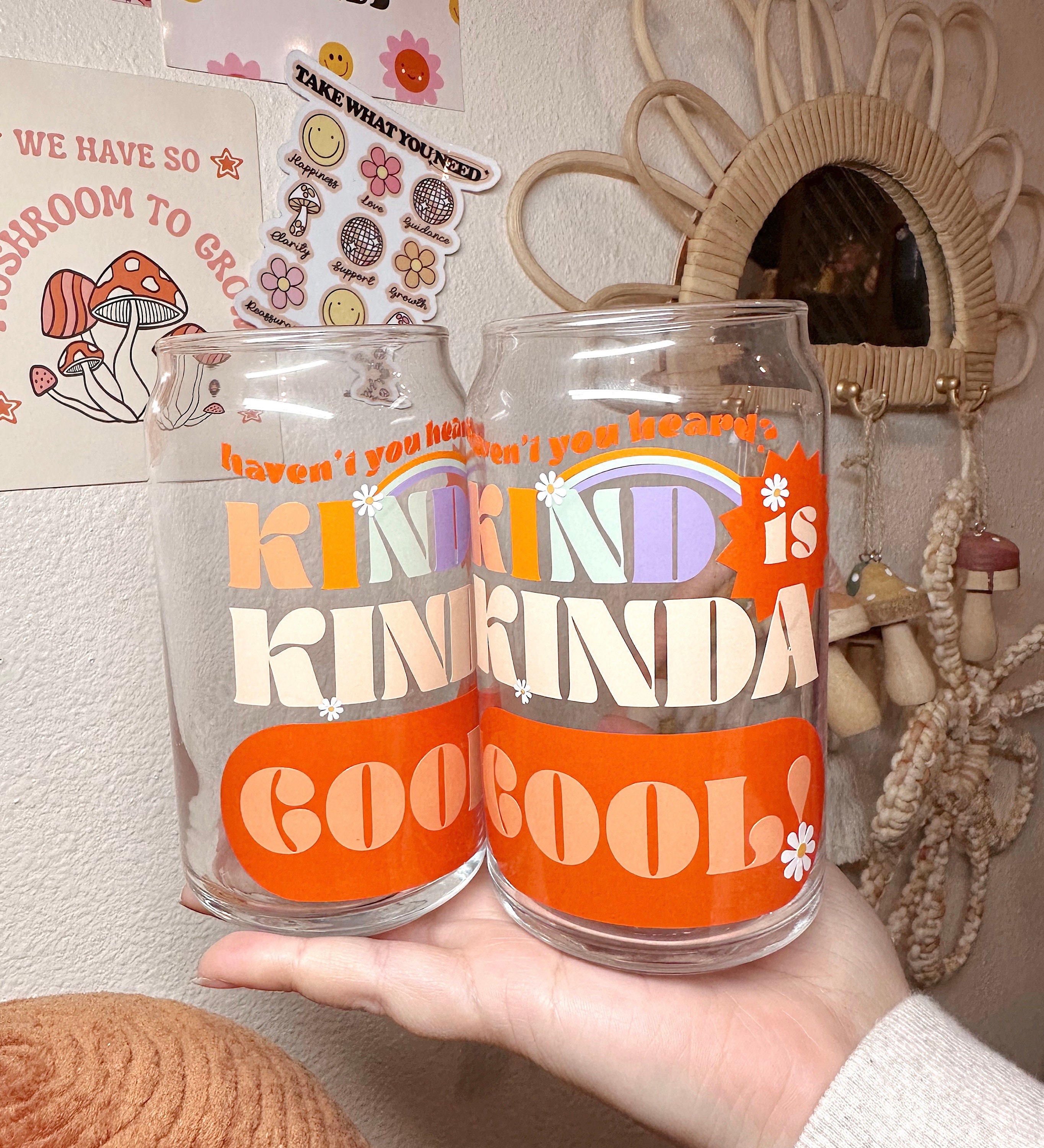 Kind Is Kinda Cool Glass Cup, Retro Glass Cup, Retro Pattern Cup, 70s Glass Cup, Groovy Cup