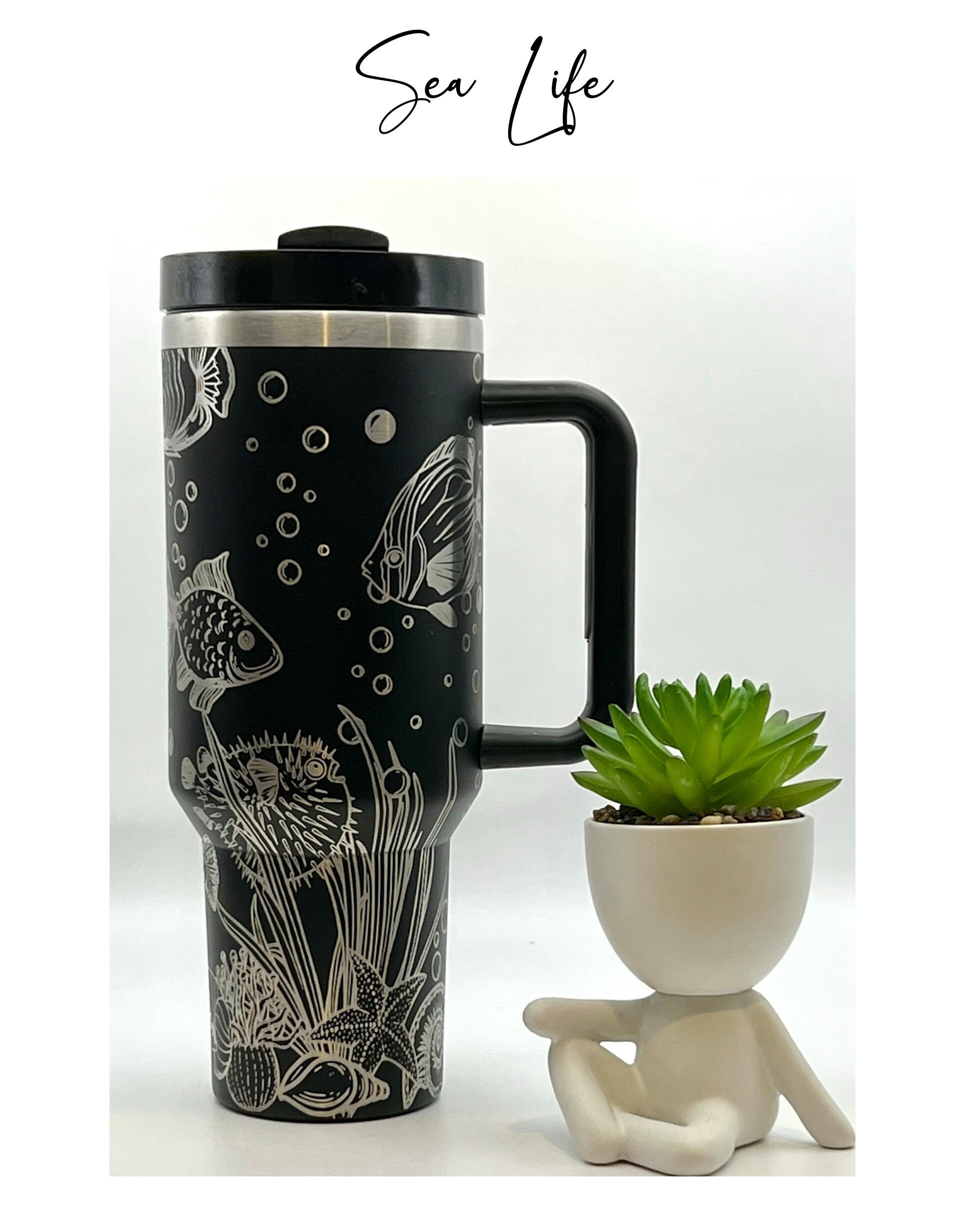 Sea Life Ocean Life Fish Laser Engraved 40oz Black Custom Seamless Non-Branded Tumbler with Handle Lid and Straw, Double Wall Insulated Cup