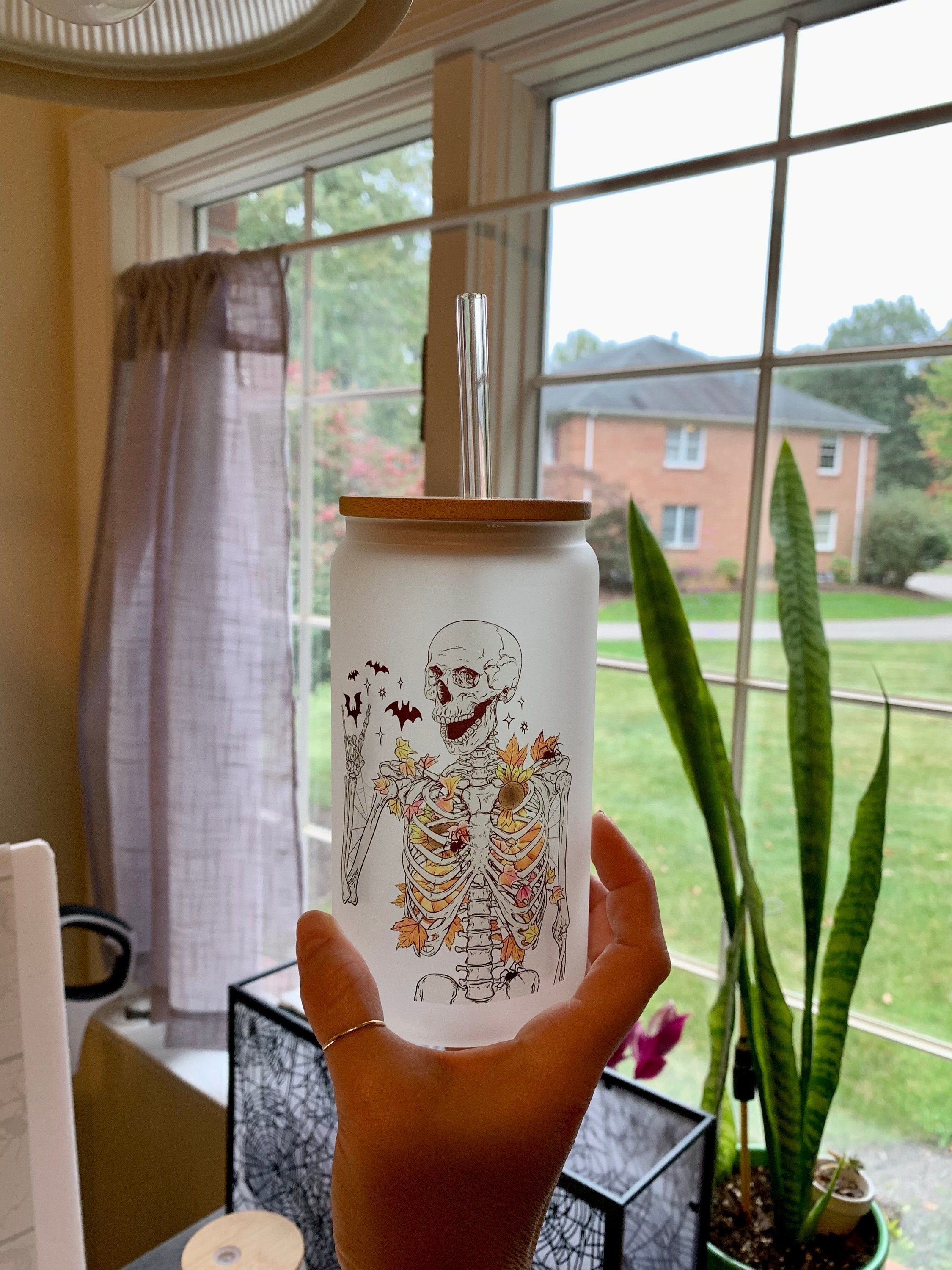 Fall Halloween Skeleton Beer Can Glass / Sunflower Autumn Leaves / Creepy Skeleton Glass / Iced Coffee Cup / Gift for Her / Halloween Lover