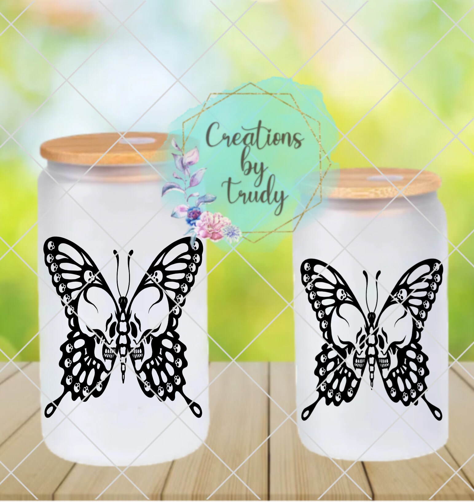 Butterfly death kiss- frosted can shaped glass with lid and straw