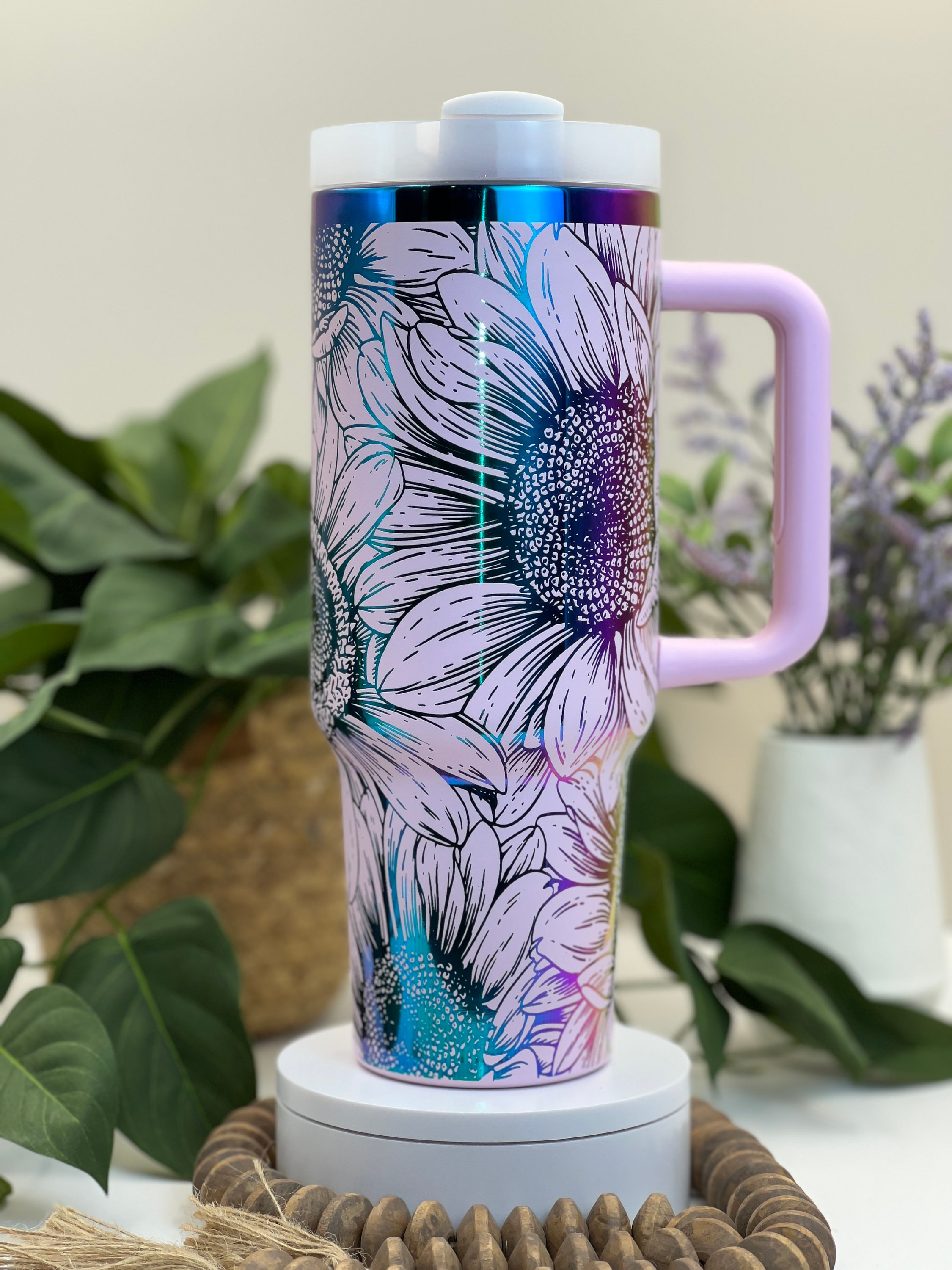 Sunflower Laser Engraved 40oz Tumbler with Handle Lid and Straw, Custom Engraved Seamless Floral Tumbler, Double Wall Insulated Cup