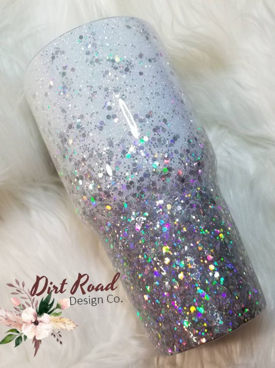 Custom Chunky Glitter Fade White With Chunky Silver Bling, Glitter Dipped Tumbler