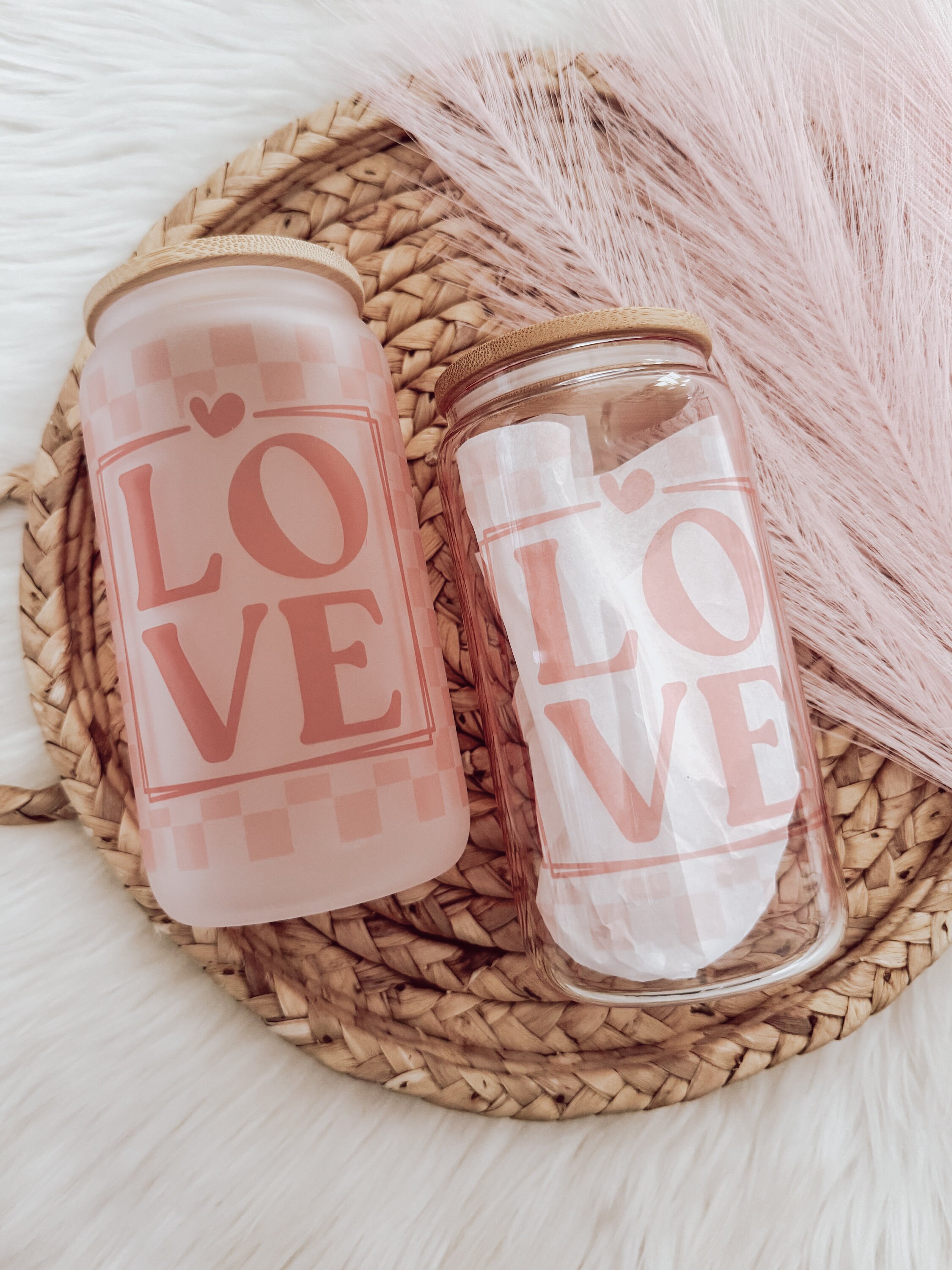 Love Checkered Glass Can Cup, Glass Cup, Valentines Day Gift, Gift For Her , Iced Coffee Cup, Aesthetic Coffee Cup, Smoothie Cup, Bamboo Lid