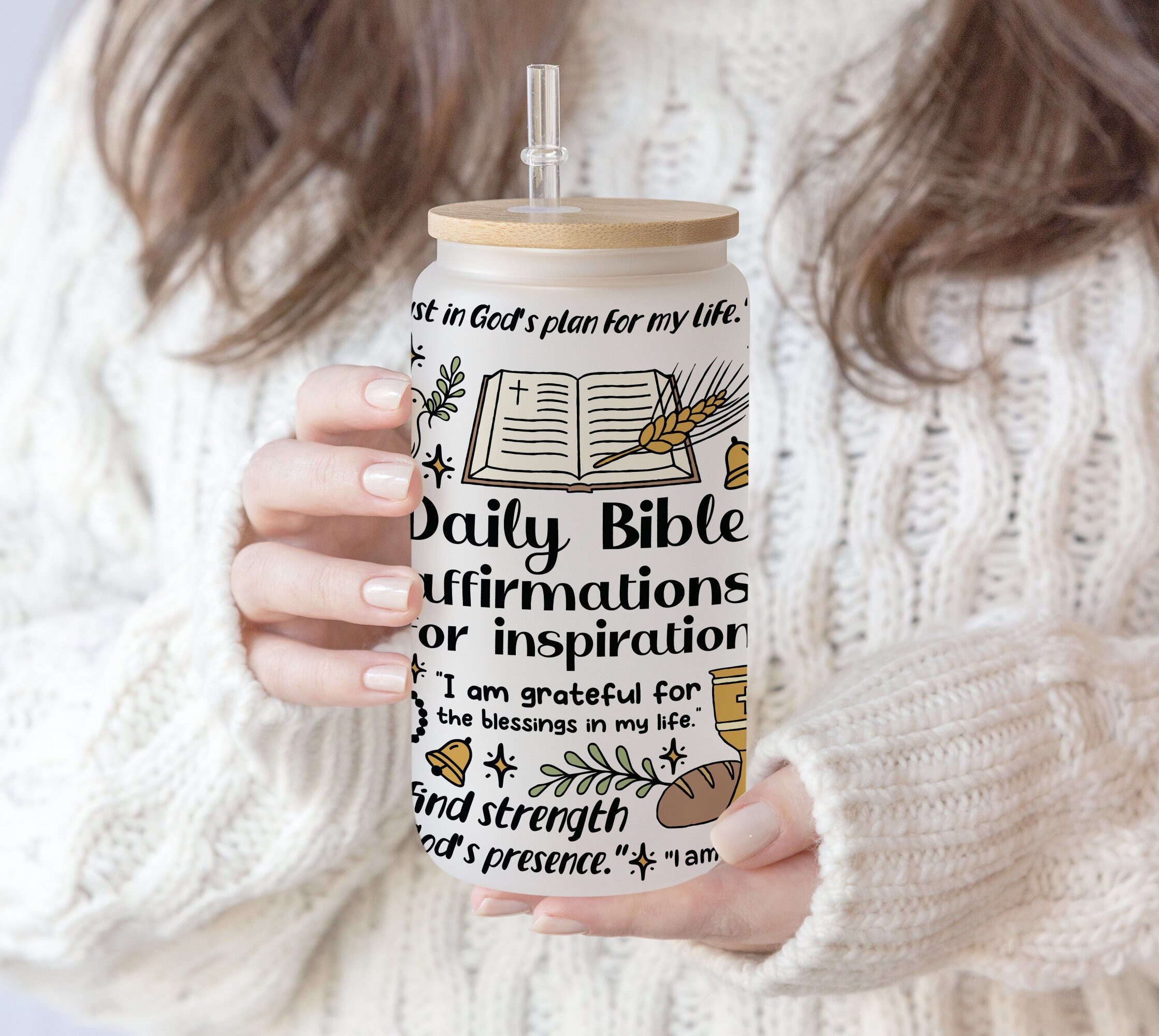 16 oz Libbey Glass Can Tumbler Sublimation Design Bible Christ Affirmations Bible Verse Positve | Self Love | Bible Wrap Inspirational PNG