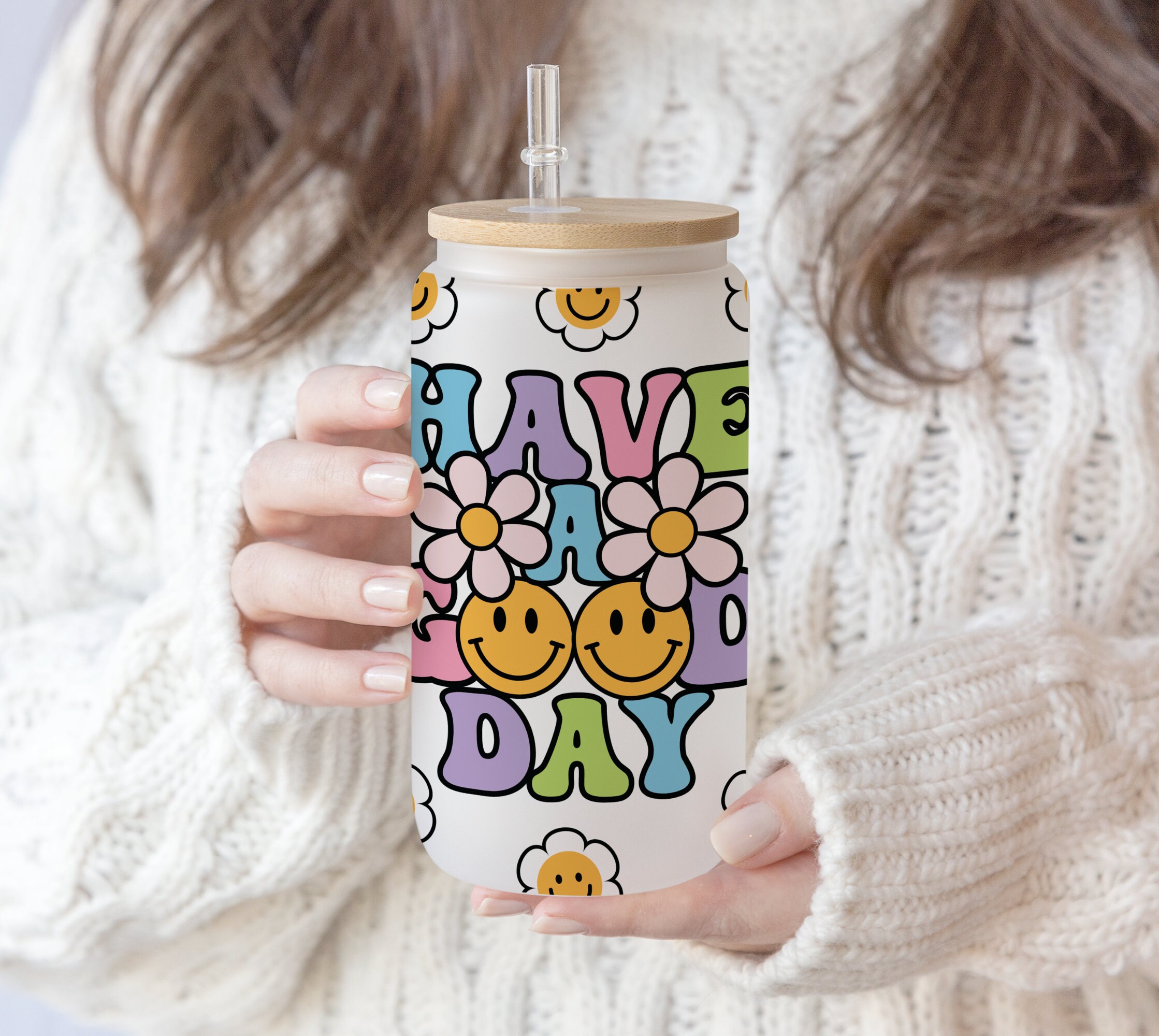 16 oz Libbey Glass Can Sublimation Retro Have A Good Day Cute Daisy Flower | Smile Face Preppy Aesthetic | SVG PNG Cricut Digital