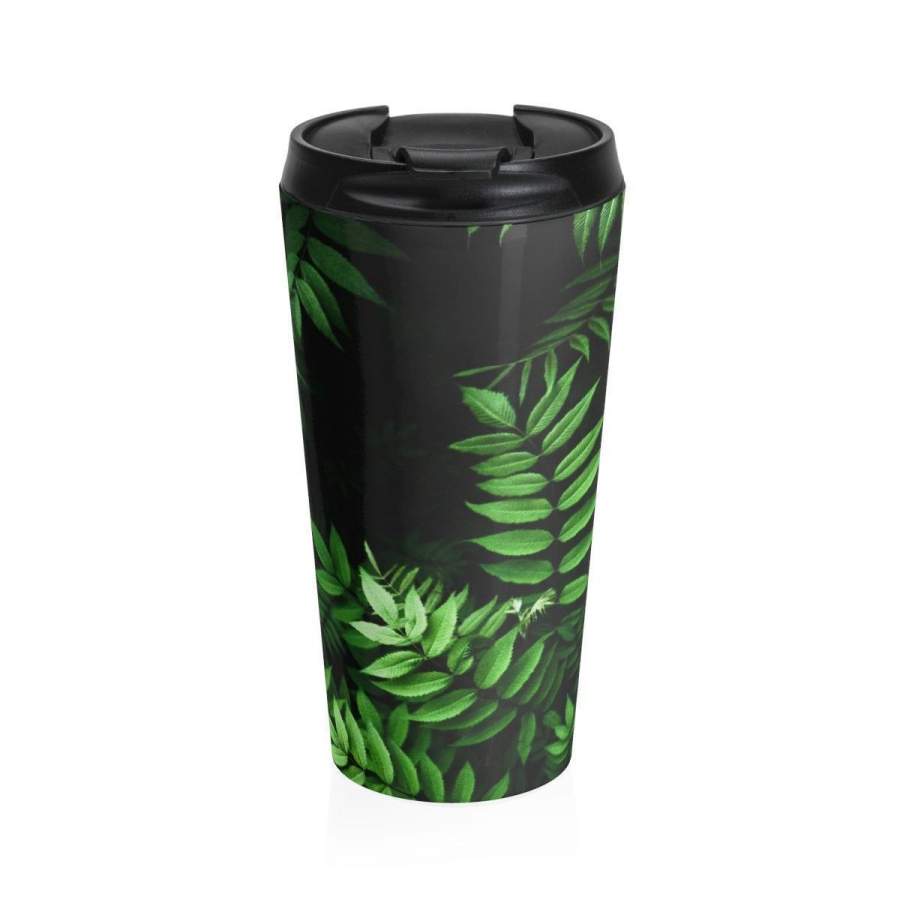 Stainless Steel Travel Mug, Ferns Boho Bohemian Hippie Travel Mug, All Over Print Steel Mug, 15 Ounce Tumbler, 15oz Coffee Tea Drinkware