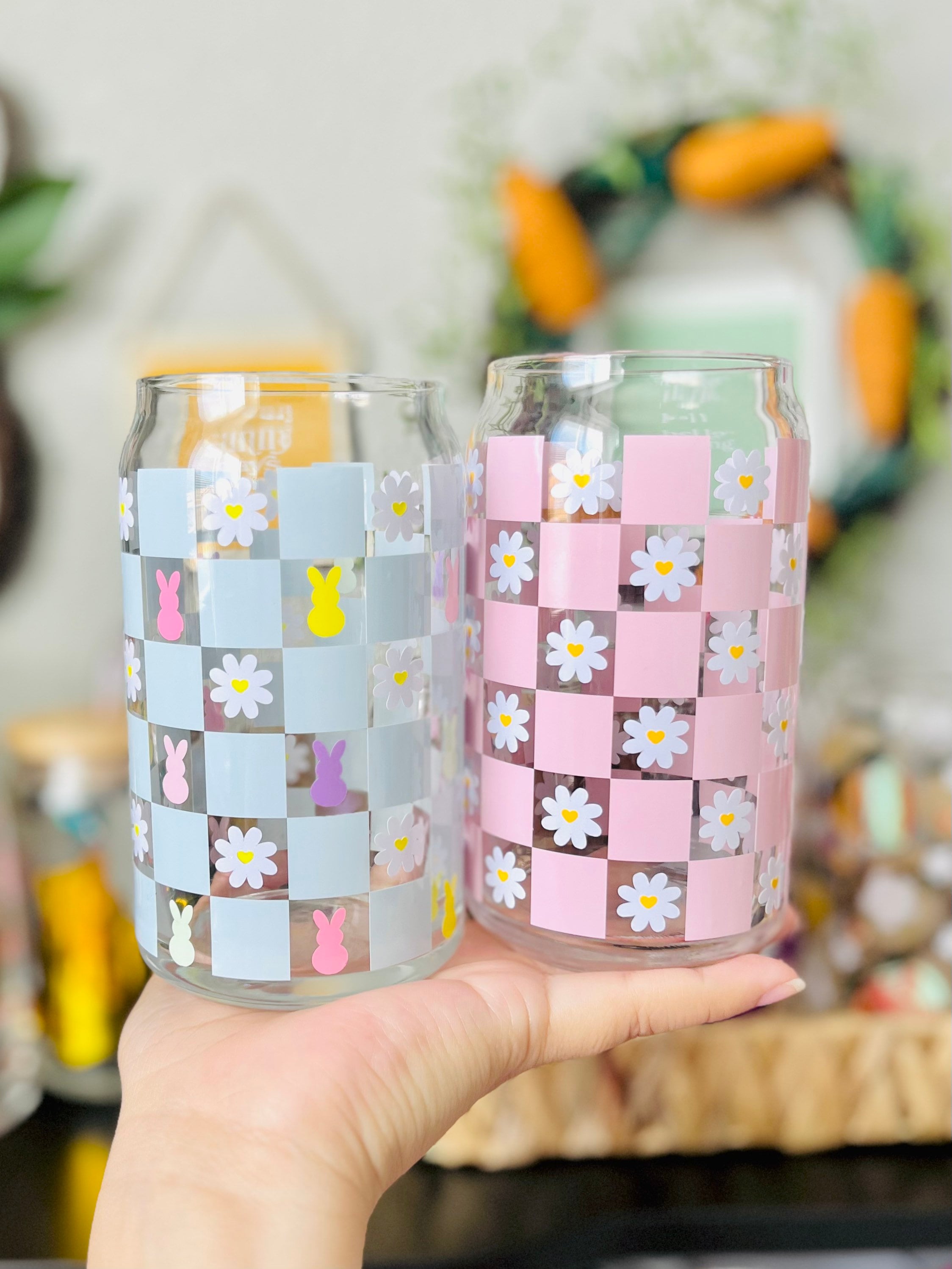 Checkered Daisies Peeps 16oz Beer Can Glass | Spring Cup | Self Love | Iced Coffee | Smoothie | Boho | Gift | Mom | Flowers | Easter Bunny