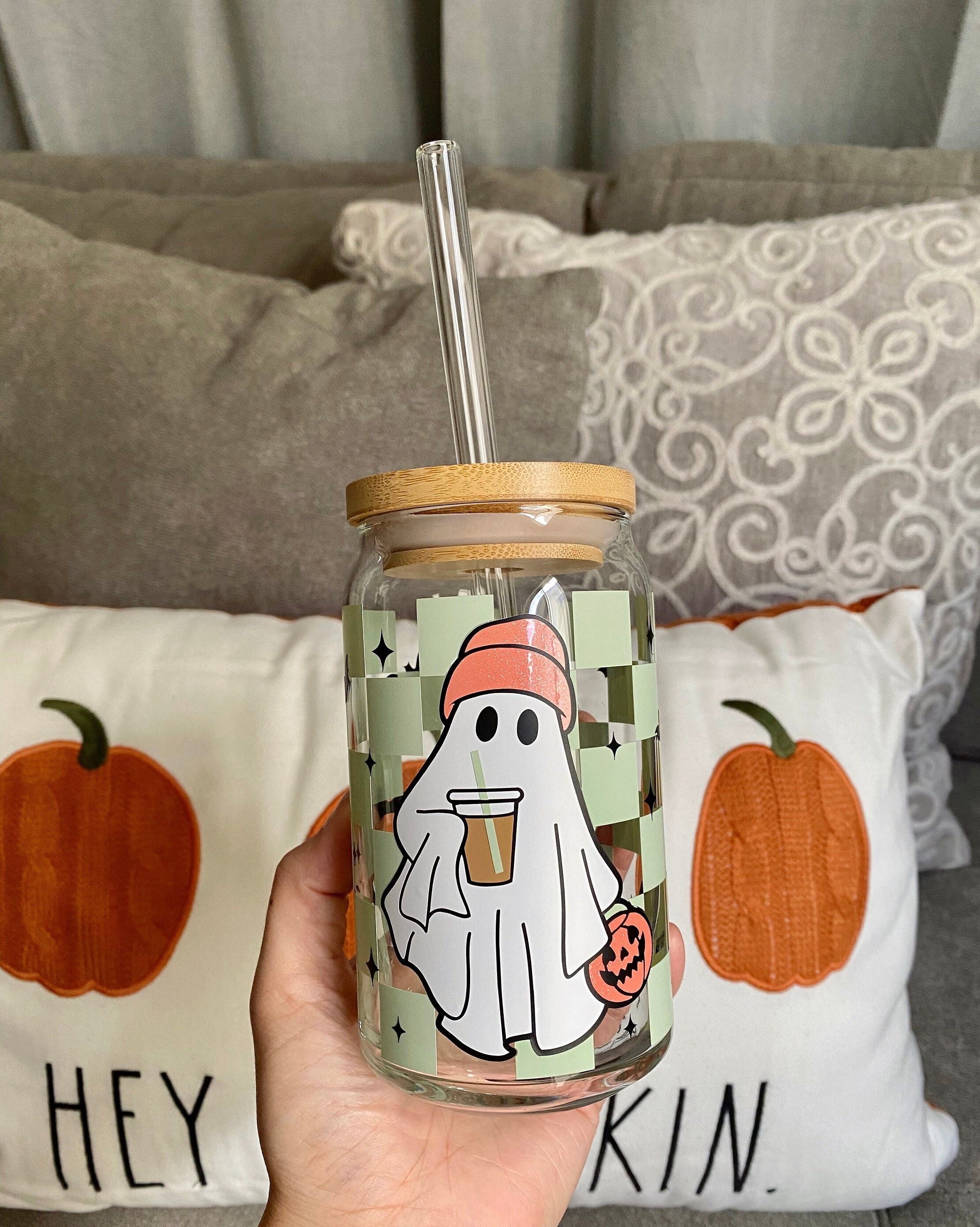 Checkered Ghost Iced Coffee Glass, Retro Ghost Beer Can Glass, Aesthetic Halloween Glass Cup, Cute Ghost Coffee Cup, Halloween Gift