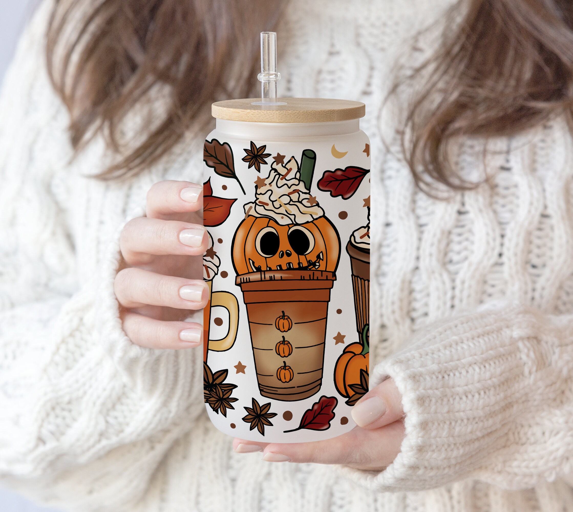 2 Files 16 oz Libbey Beer Glass Can Hand drawn Fall Coffee Pumpkin spice latte iced Coffee warm cozy autumn orange pumpkin, pen wrap PNG