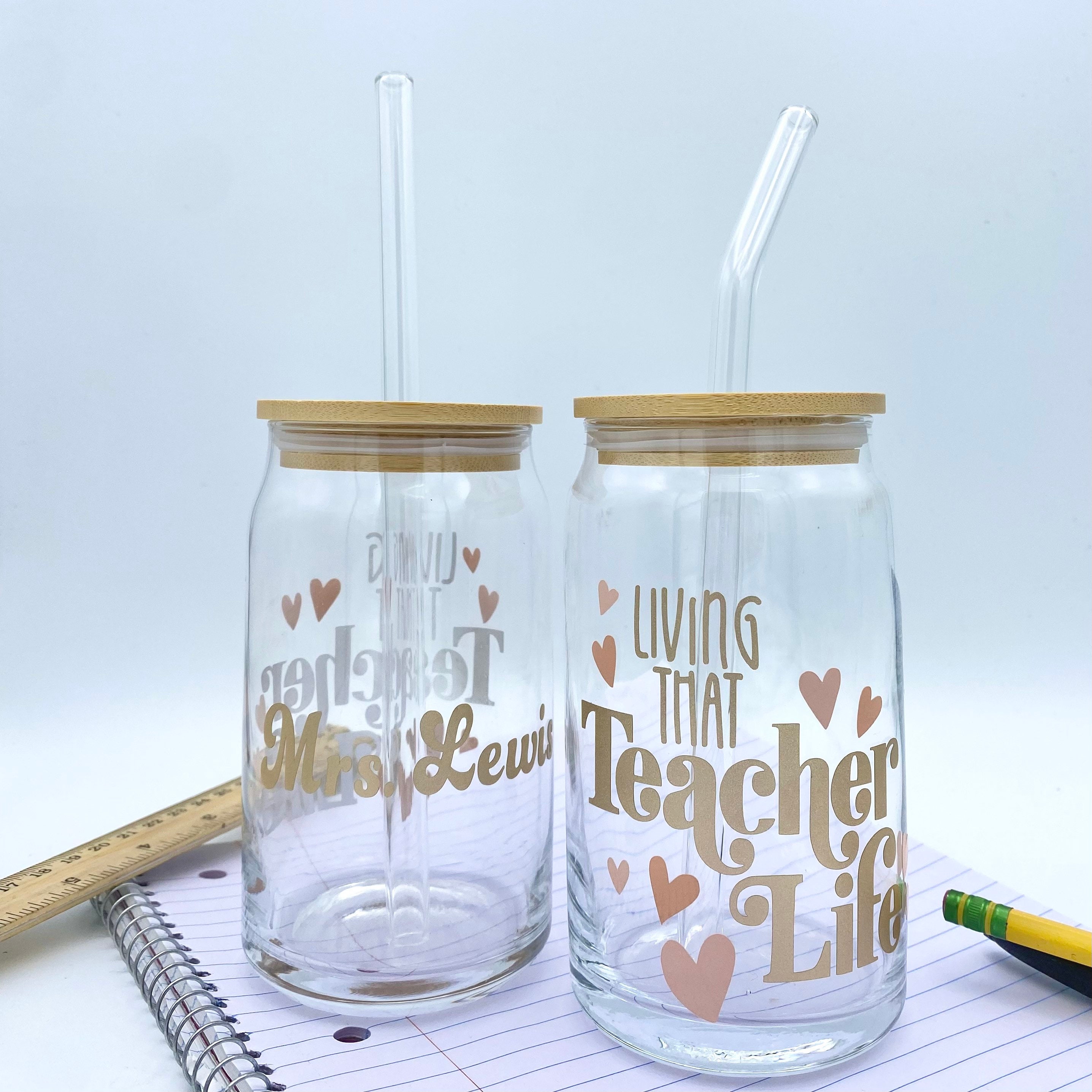 Living That Teacher Life Personalization Iced Coffee Cup 16oz Glass Soda Can Cup w/ Bamboo Top & Glass Straw Glass Libby Cup Teacher Gift