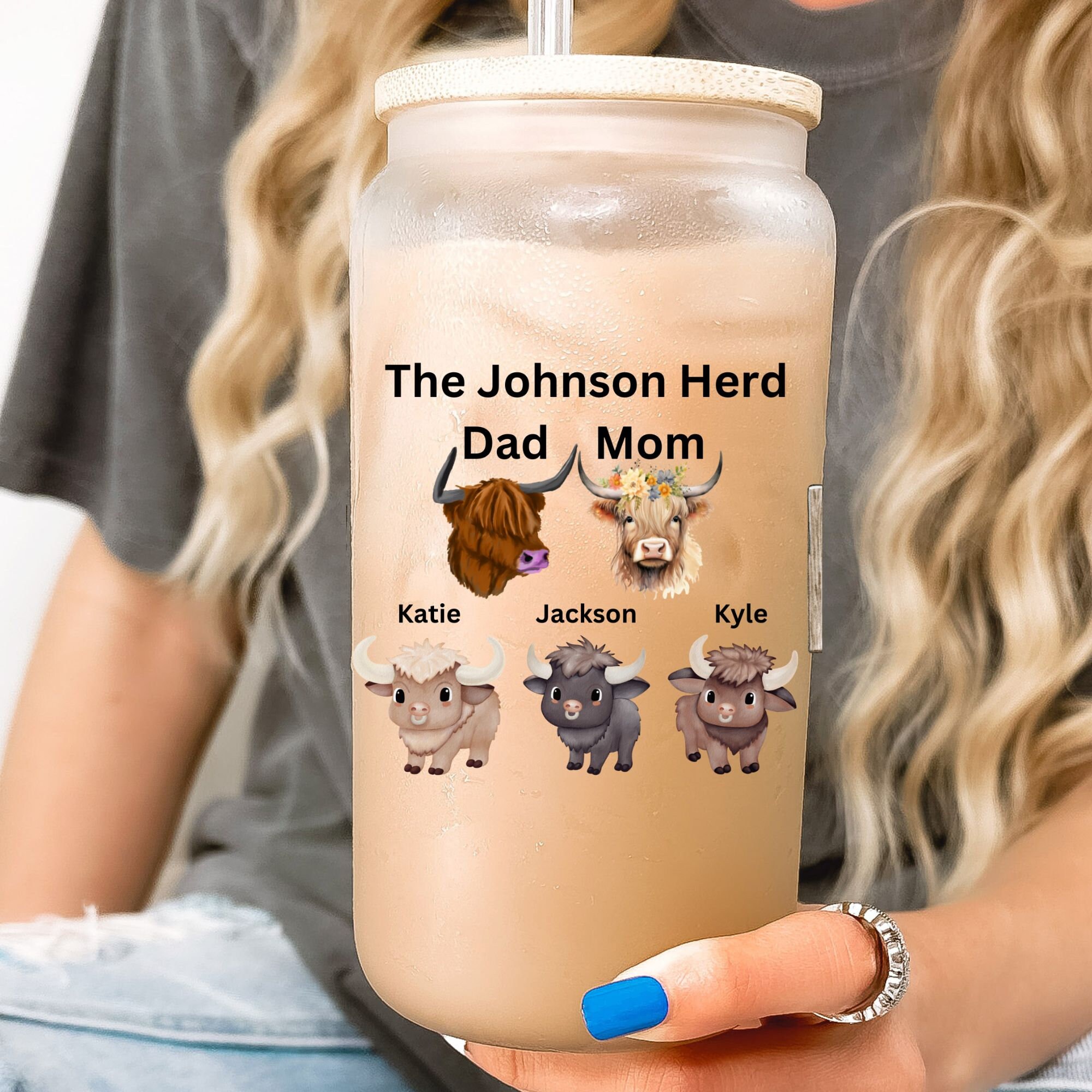 Custom Highlander Cow Family Tumbler, 5-7 Names, Family Herd Libbey Glass Tumbler with Straw, Highland Cow Christmas,